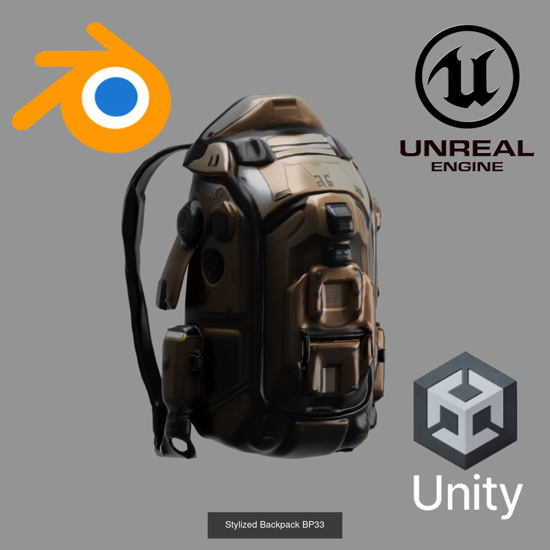 Sci-Fi Stylized Backpack Pack - Futuristic and Cyberpunk Bags 3D Model Collection_21