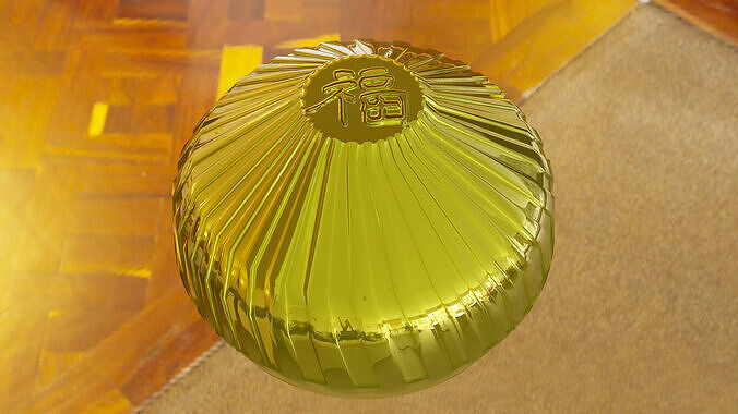 Chinese dumpling in gold material Chinese script on top Low-poly 3D model
