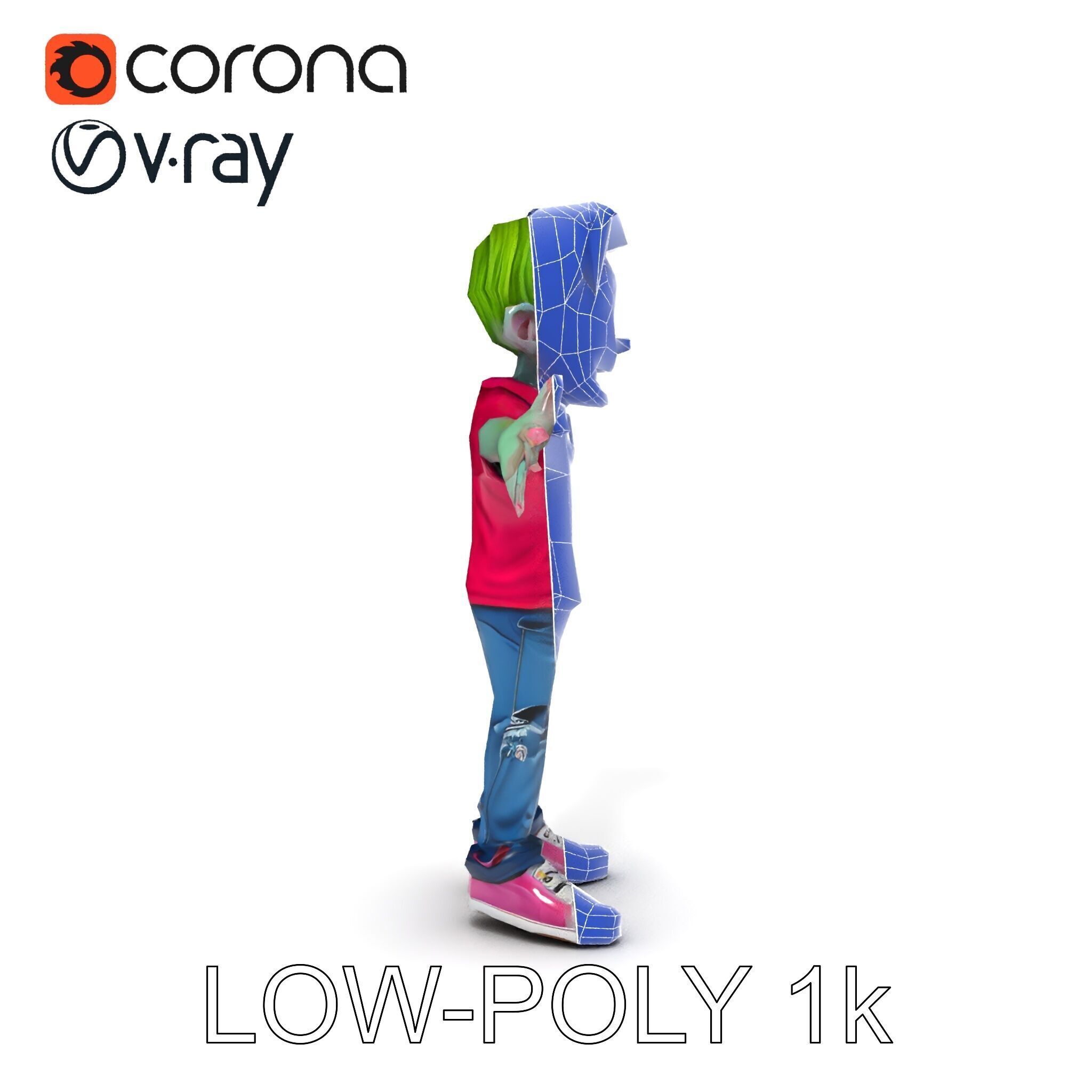 Animated Cartoon Zombie Boy with Pink Shirt and Green Hair Model Low-poly 3D model_10