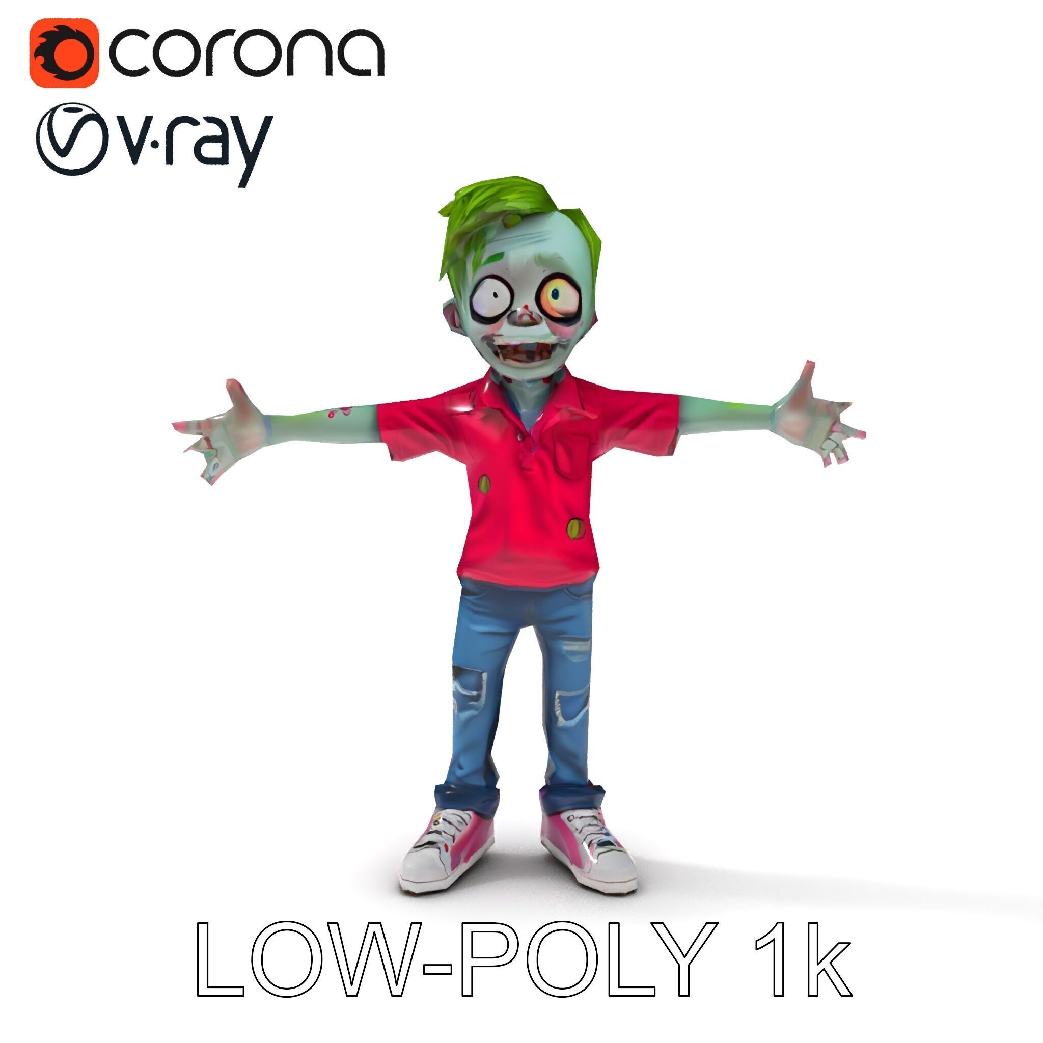 Animated Cartoon Zombie Boy with Pink Shirt and Green Hair Model Low-poly 3D model_33