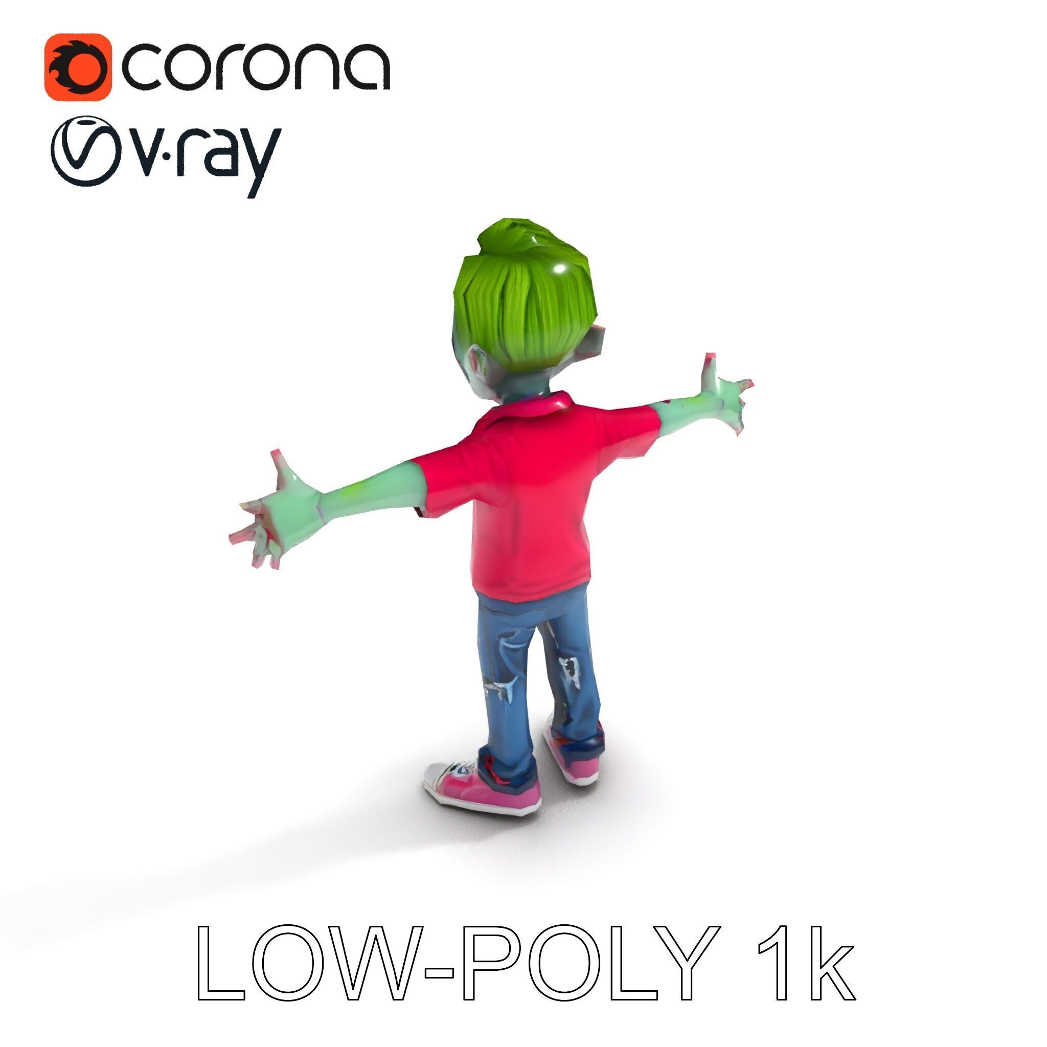 Animated Cartoon Zombie Boy with Pink Shirt and Green Hair Model Low-poly 3D model_25