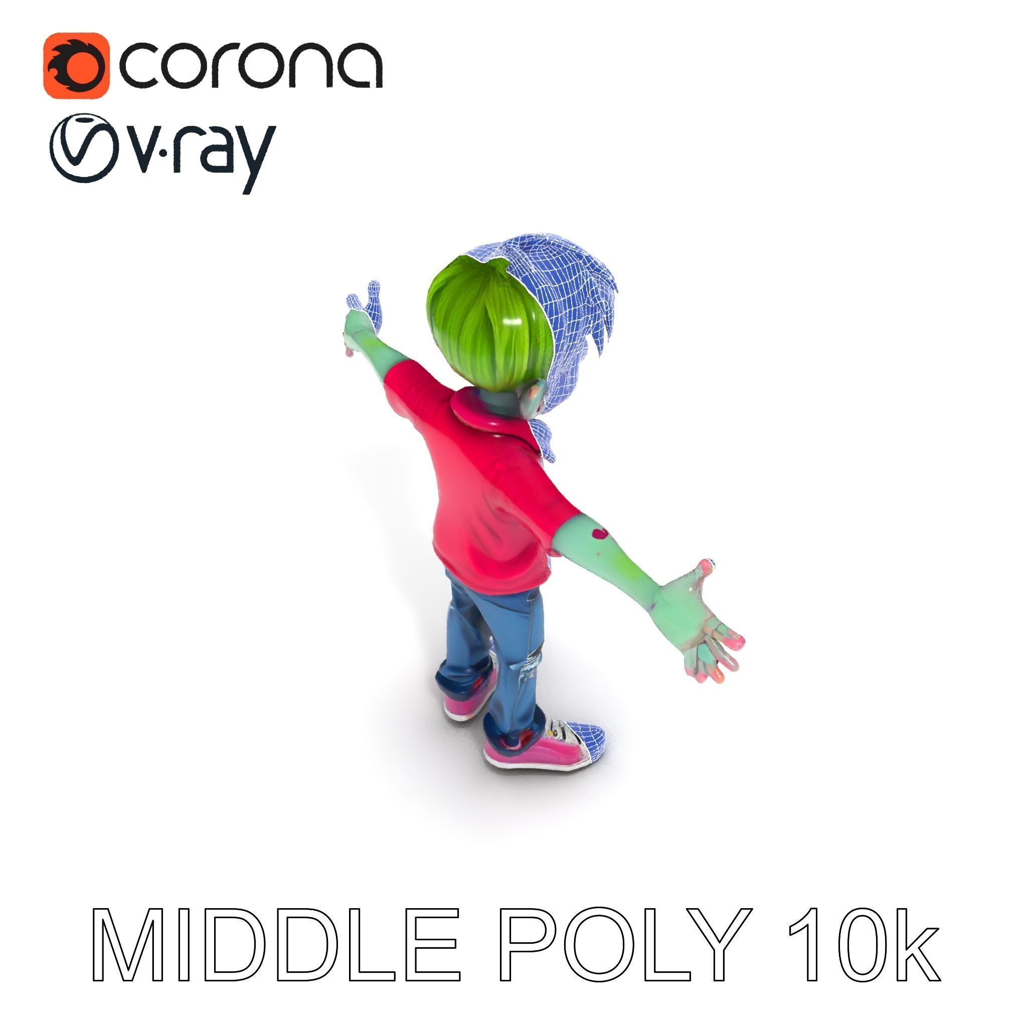 Animated Cartoon Zombie Boy with Pink Shirt and Green Hair Model Low-poly 3D model_19