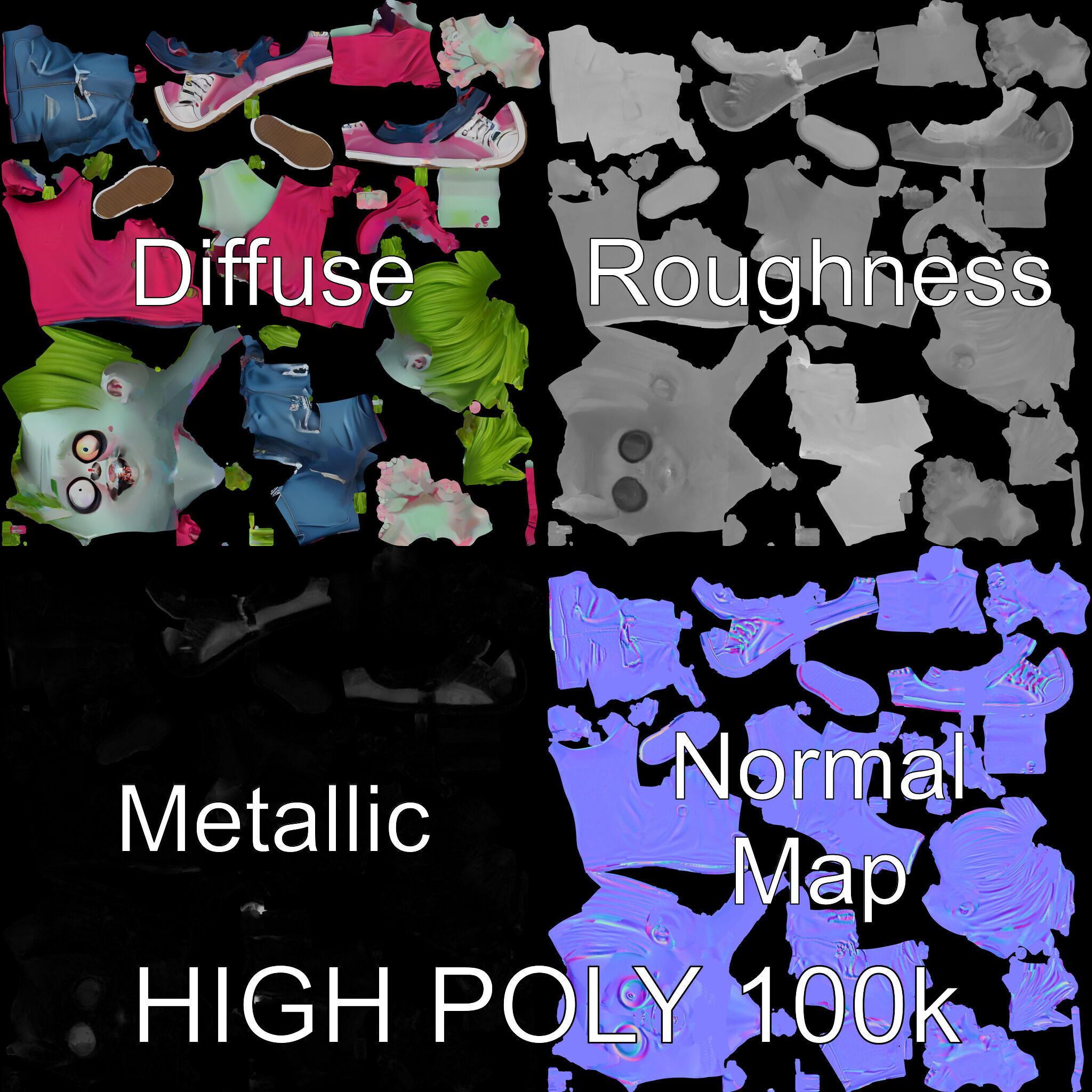 Animated Cartoon Zombie Boy with Pink Shirt and Green Hair Model Low-poly 3D model_2