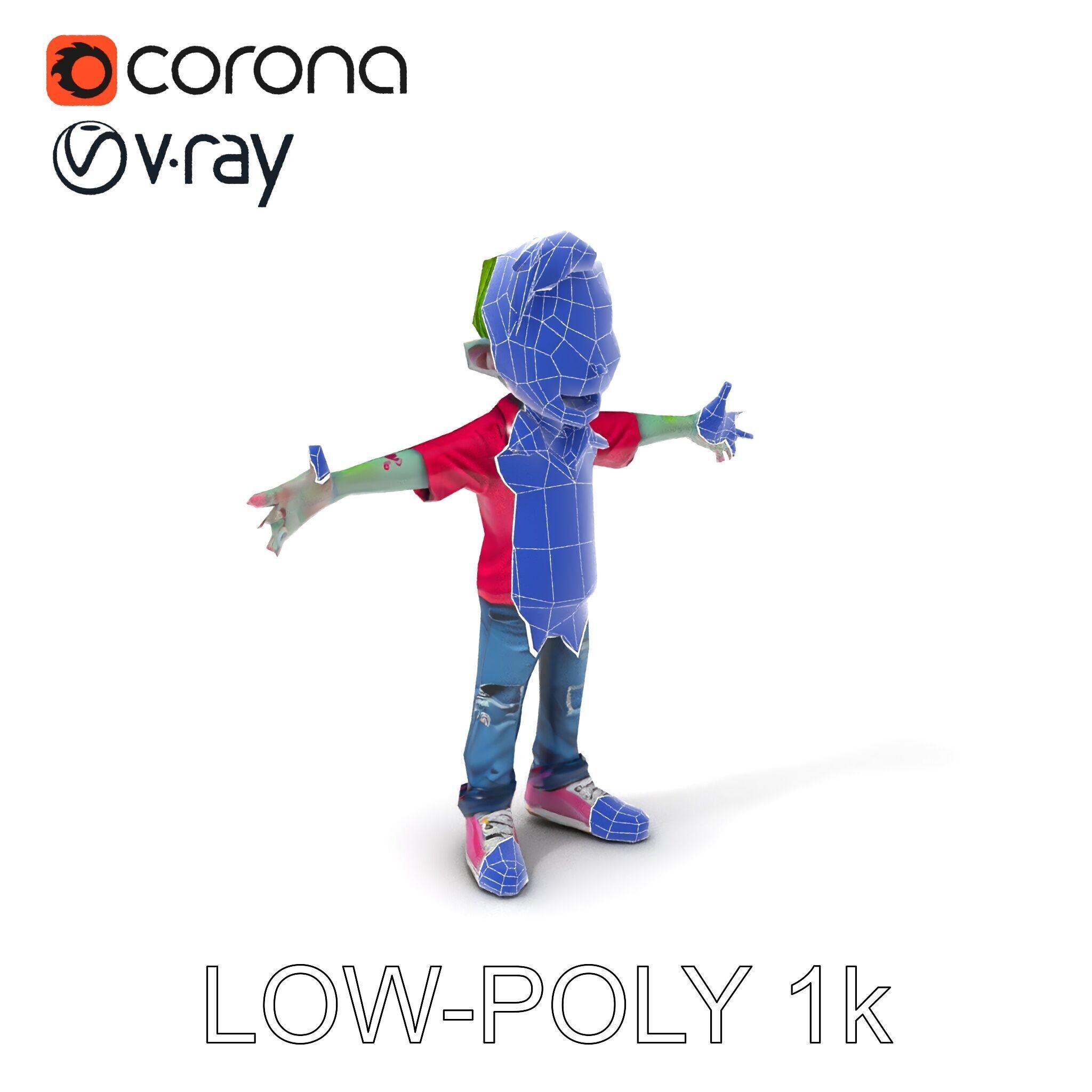 Animated Cartoon Zombie Boy with Pink Shirt and Green Hair Model Low-poly 3D model_20