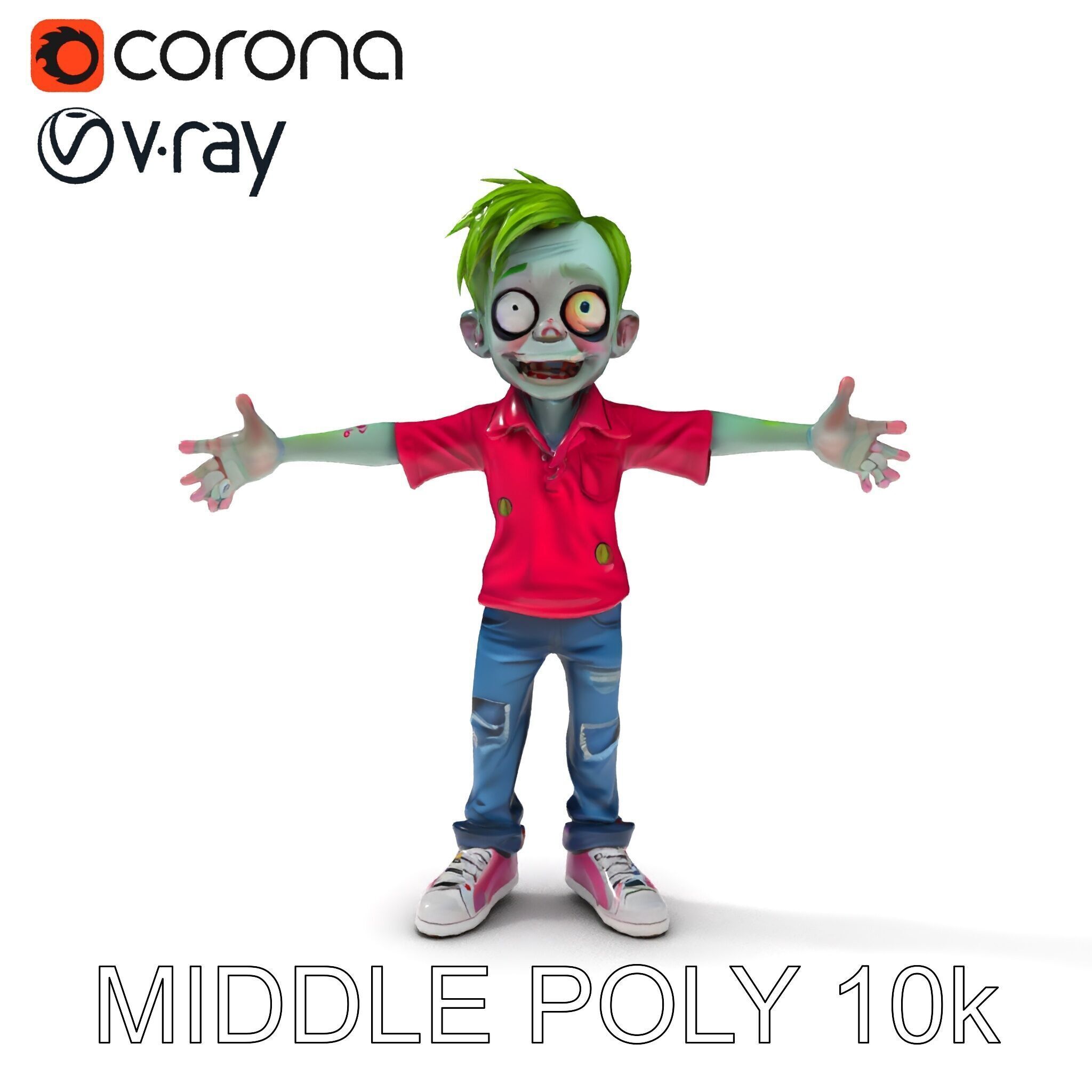 Animated Cartoon Zombie Boy with Pink Shirt and Green Hair Model Low-poly 3D model_24