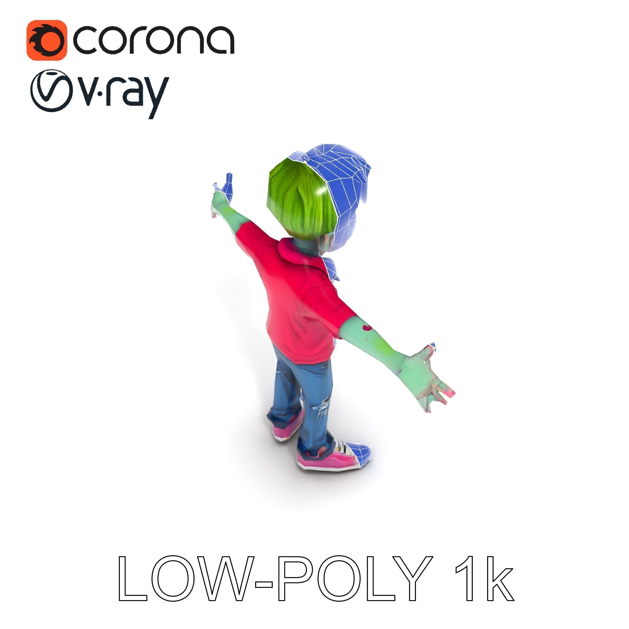 Animated Cartoon Zombie Boy with Pink Shirt and Green Hair Model Low-poly 3D model_23