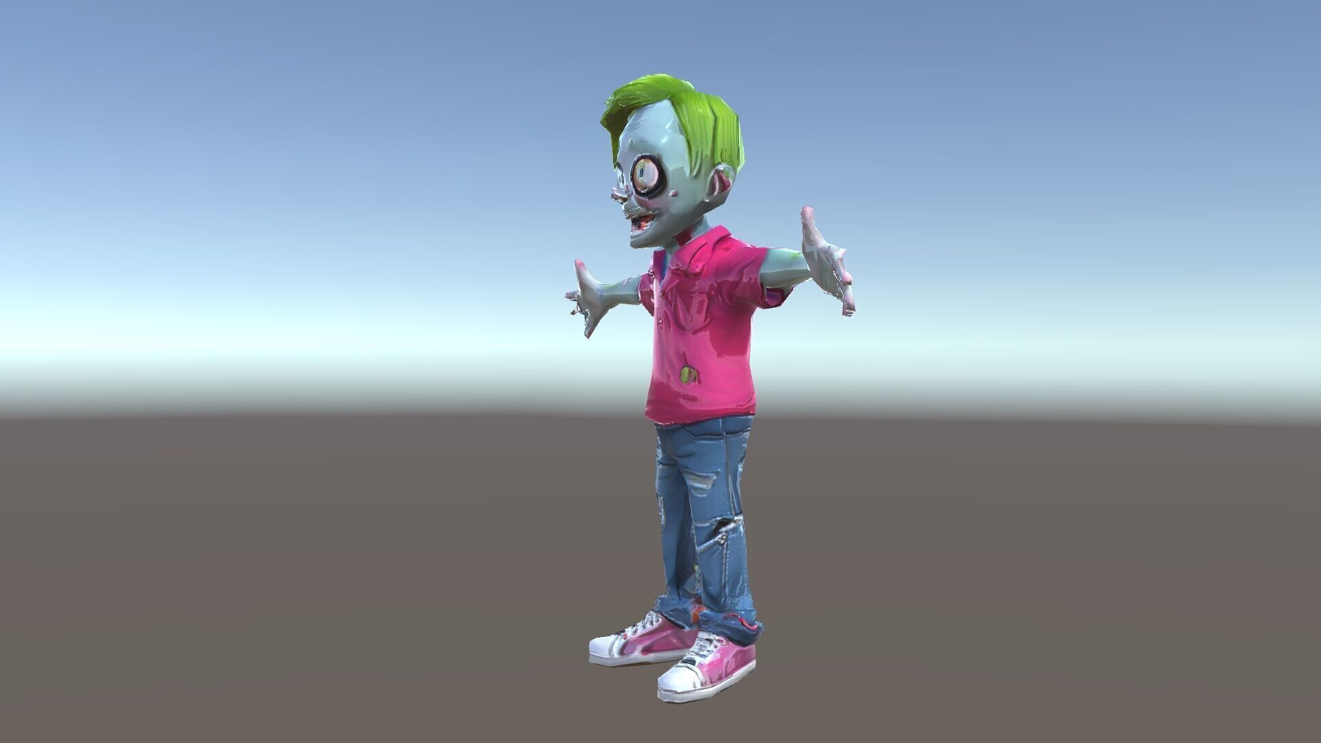Animated Cartoon Zombie Boy with Pink Shirt and Green Hair Model Low-poly 3D model_7