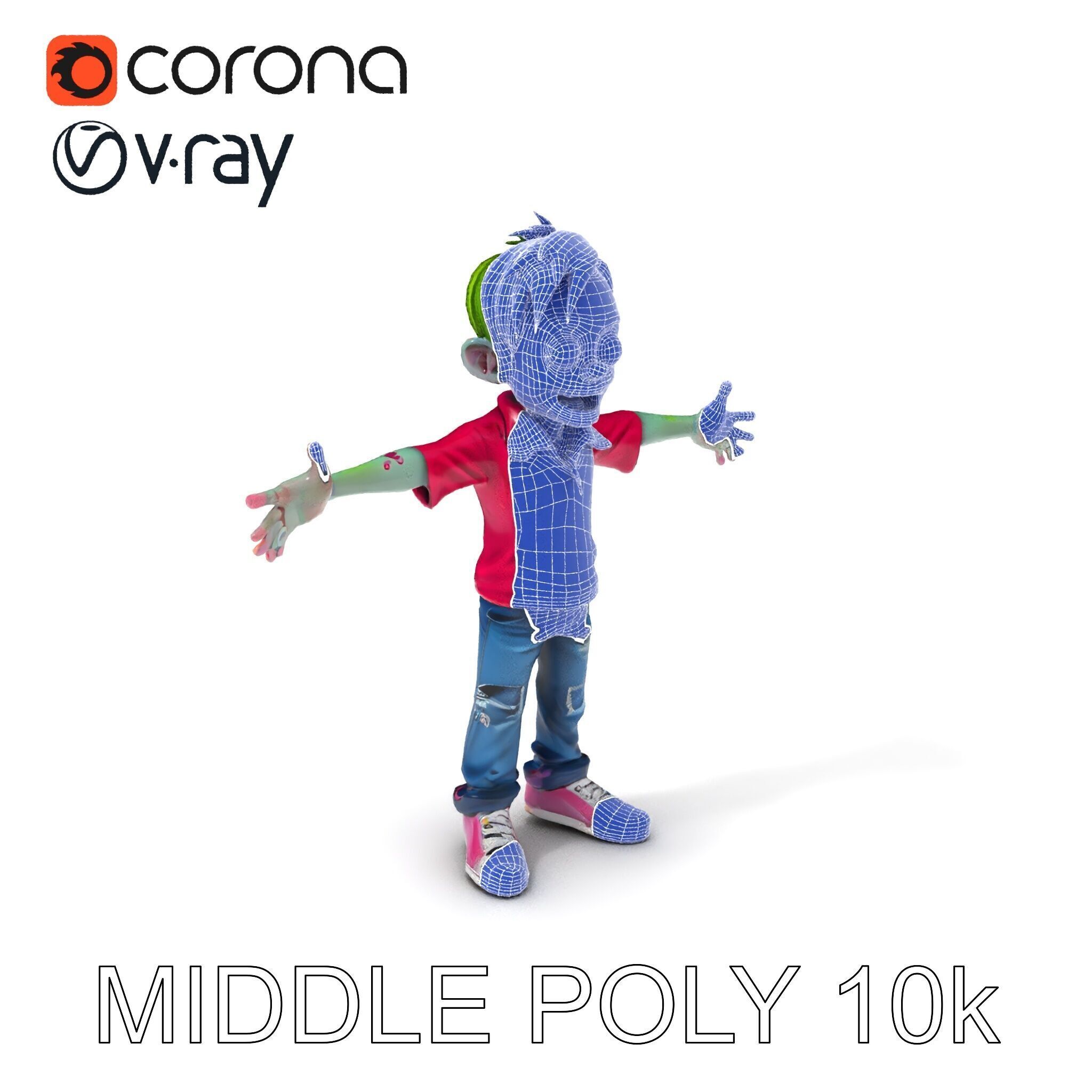 Animated Cartoon Zombie Boy with Pink Shirt and Green Hair Model Low-poly 3D model_29