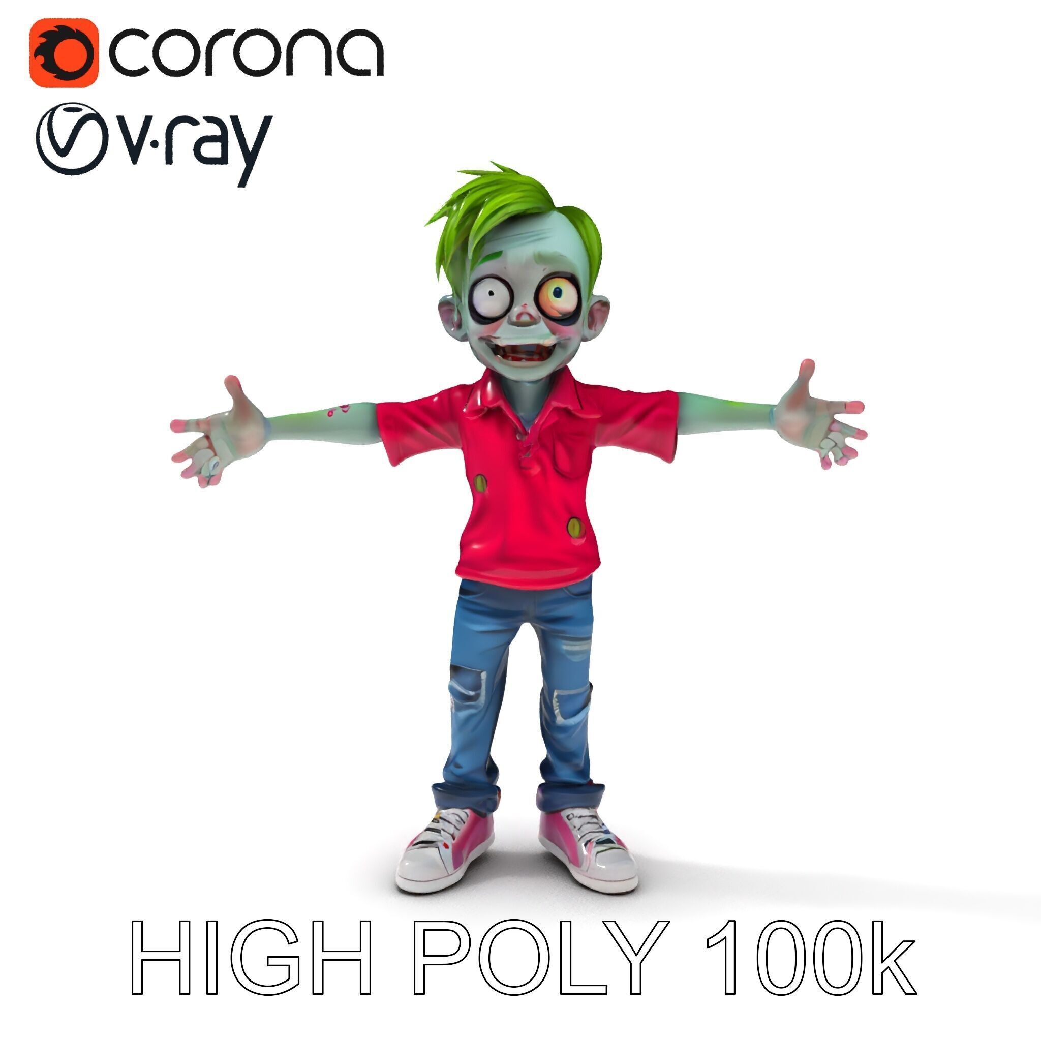 Animated Cartoon Zombie Boy with Pink Shirt and Green Hair Model Low-poly 3D model_21