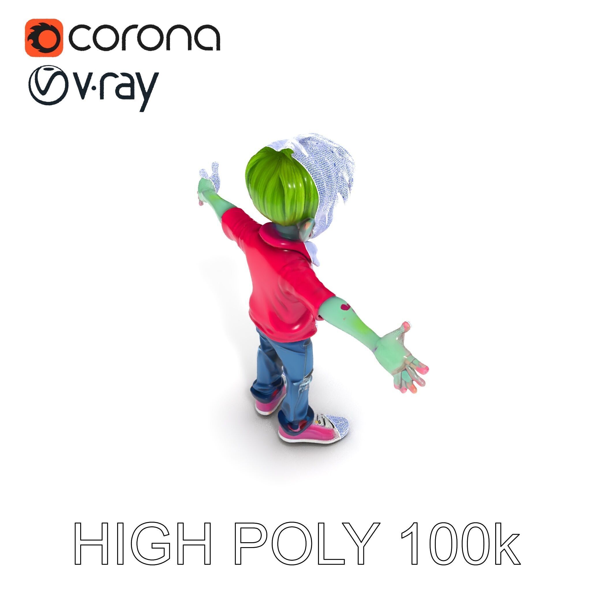 Animated Cartoon Zombie Boy with Pink Shirt and Green Hair Model Low-poly 3D model_28