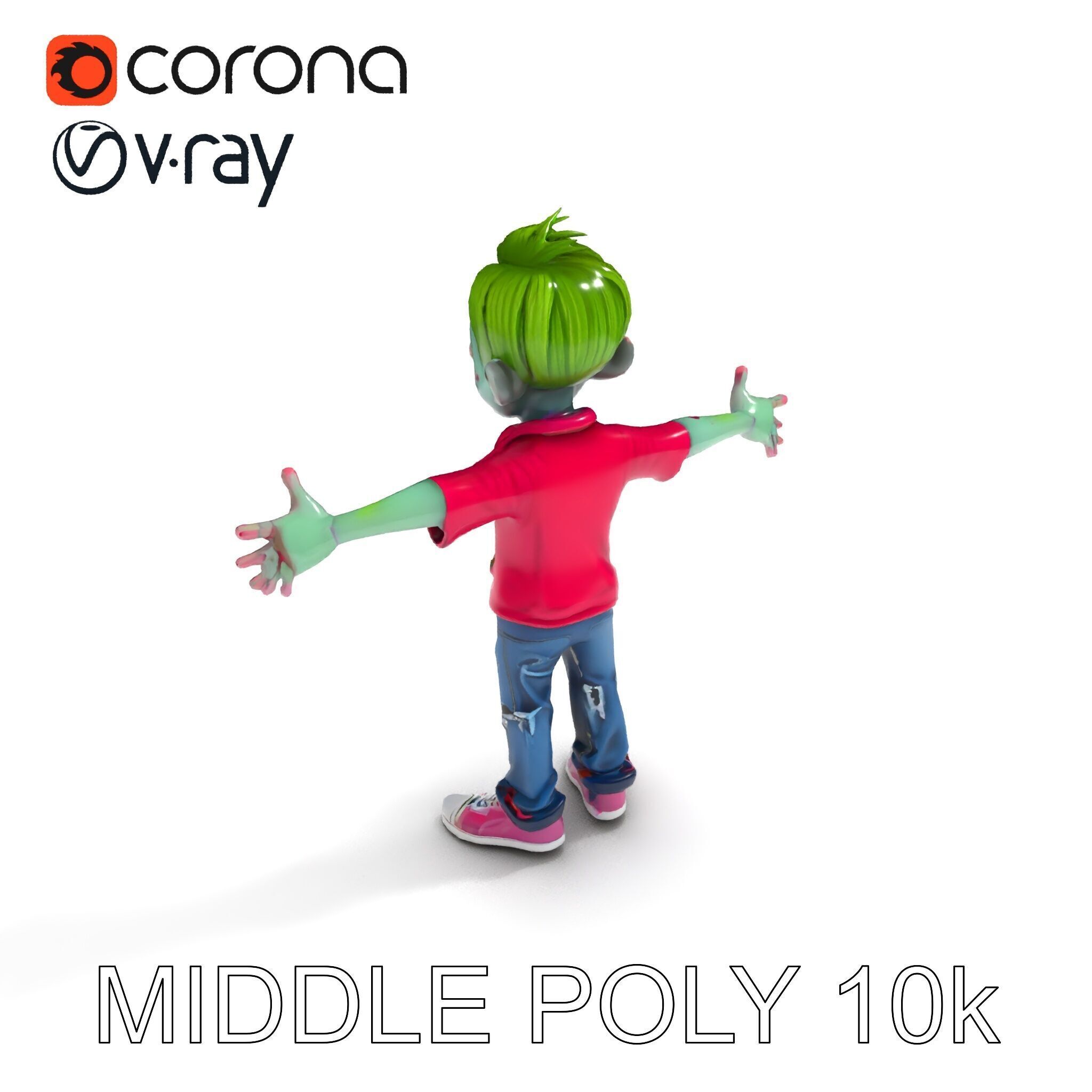 Animated Cartoon Zombie Boy with Pink Shirt and Green Hair Model Low-poly 3D model_16