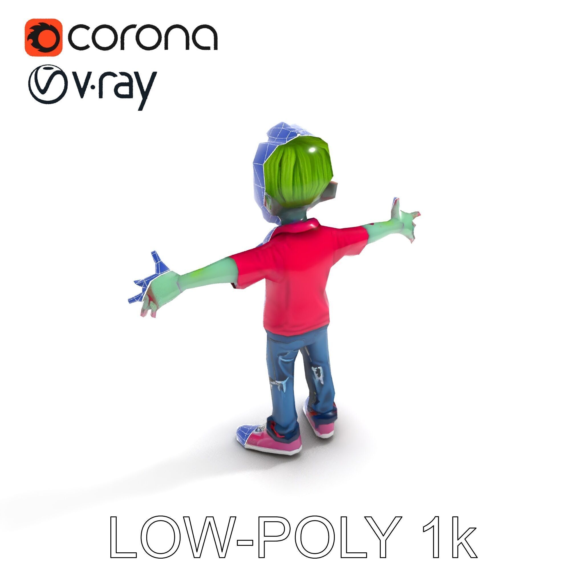 Animated Cartoon Zombie Boy with Pink Shirt and Green Hair Model Low-poly 3D model_17