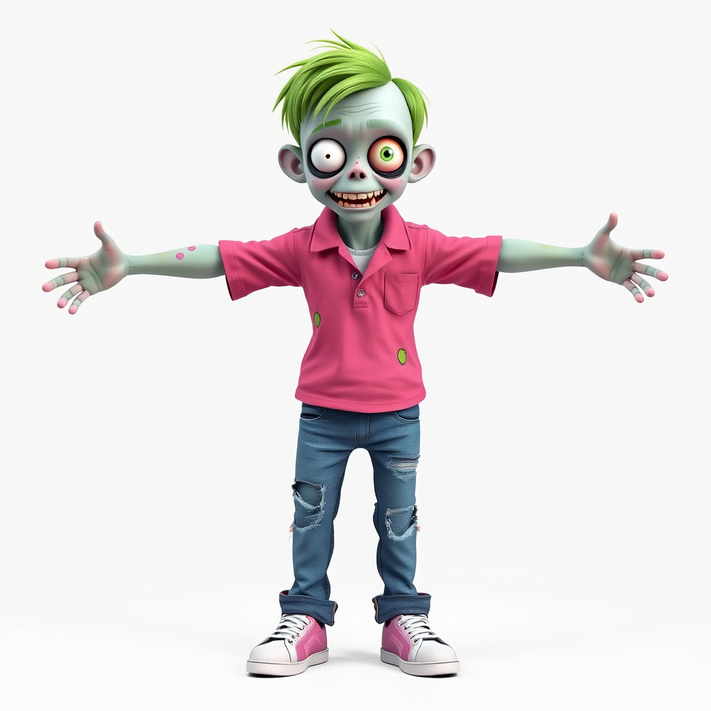 Animated Cartoon Zombie Boy with Pink Shirt and Green Hair Model Low-poly 3D model_4