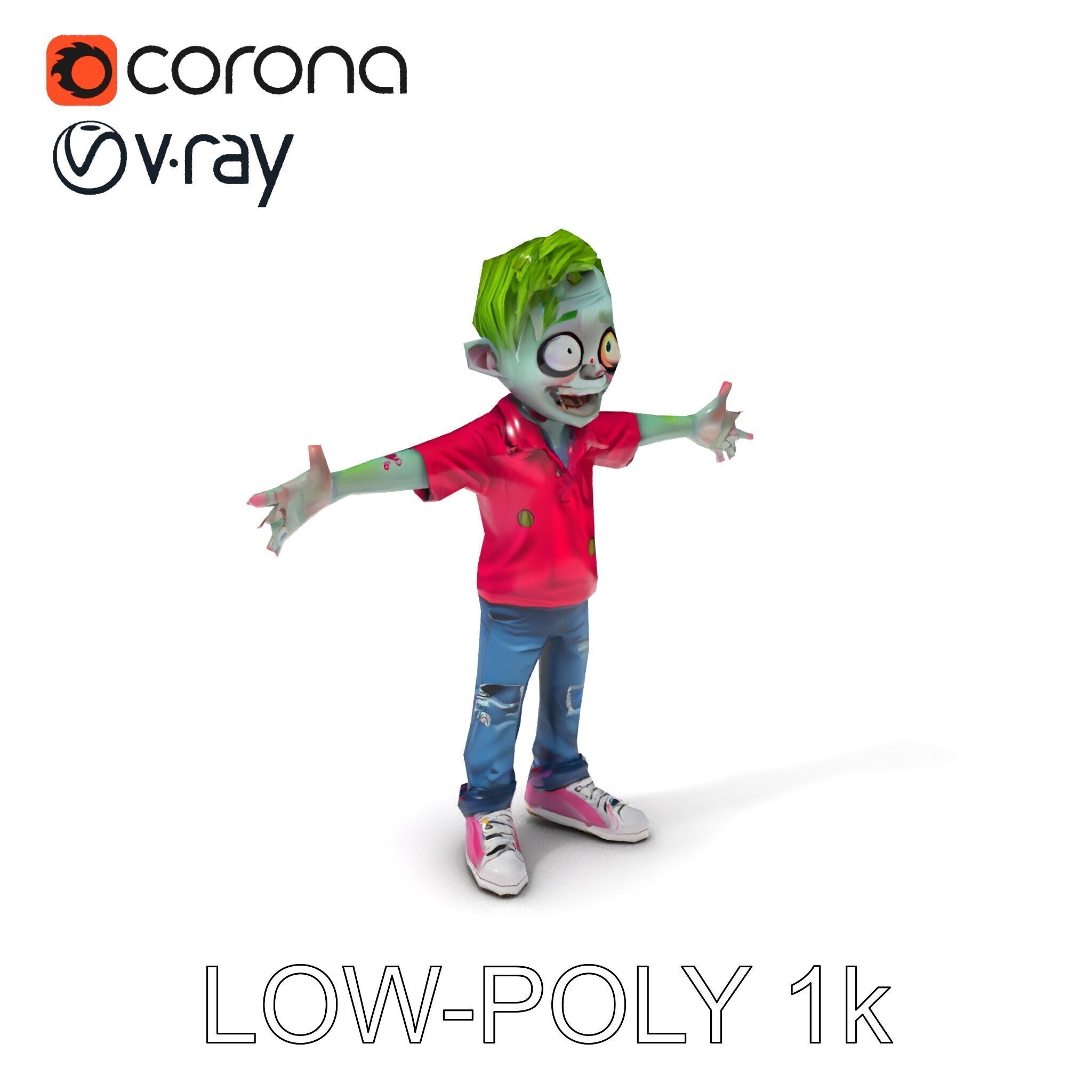 Animated Cartoon Zombie Boy with Pink Shirt and Green Hair Model Low-poly 3D model_27
