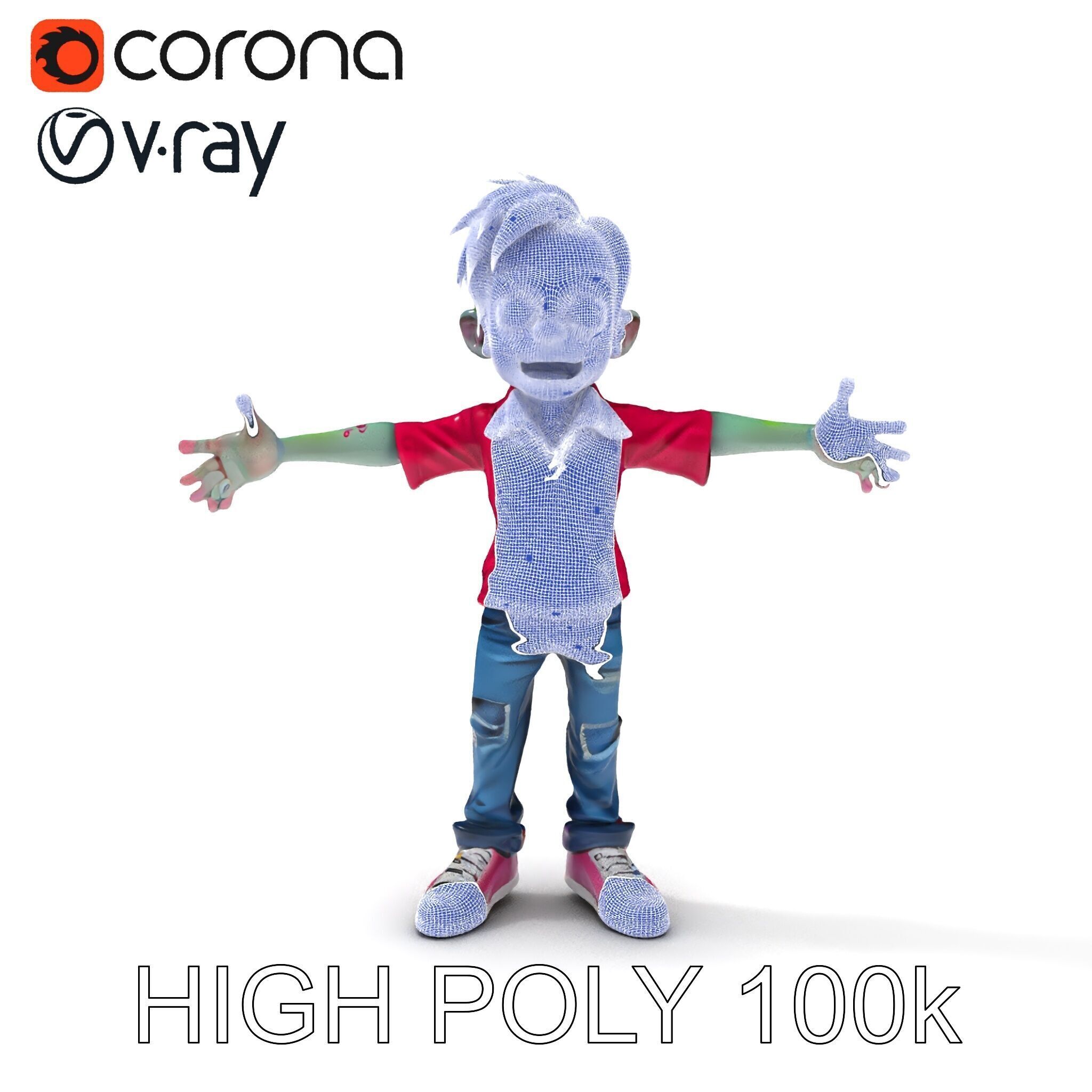 Animated Cartoon Zombie Boy with Pink Shirt and Green Hair Model Low-poly 3D model_36