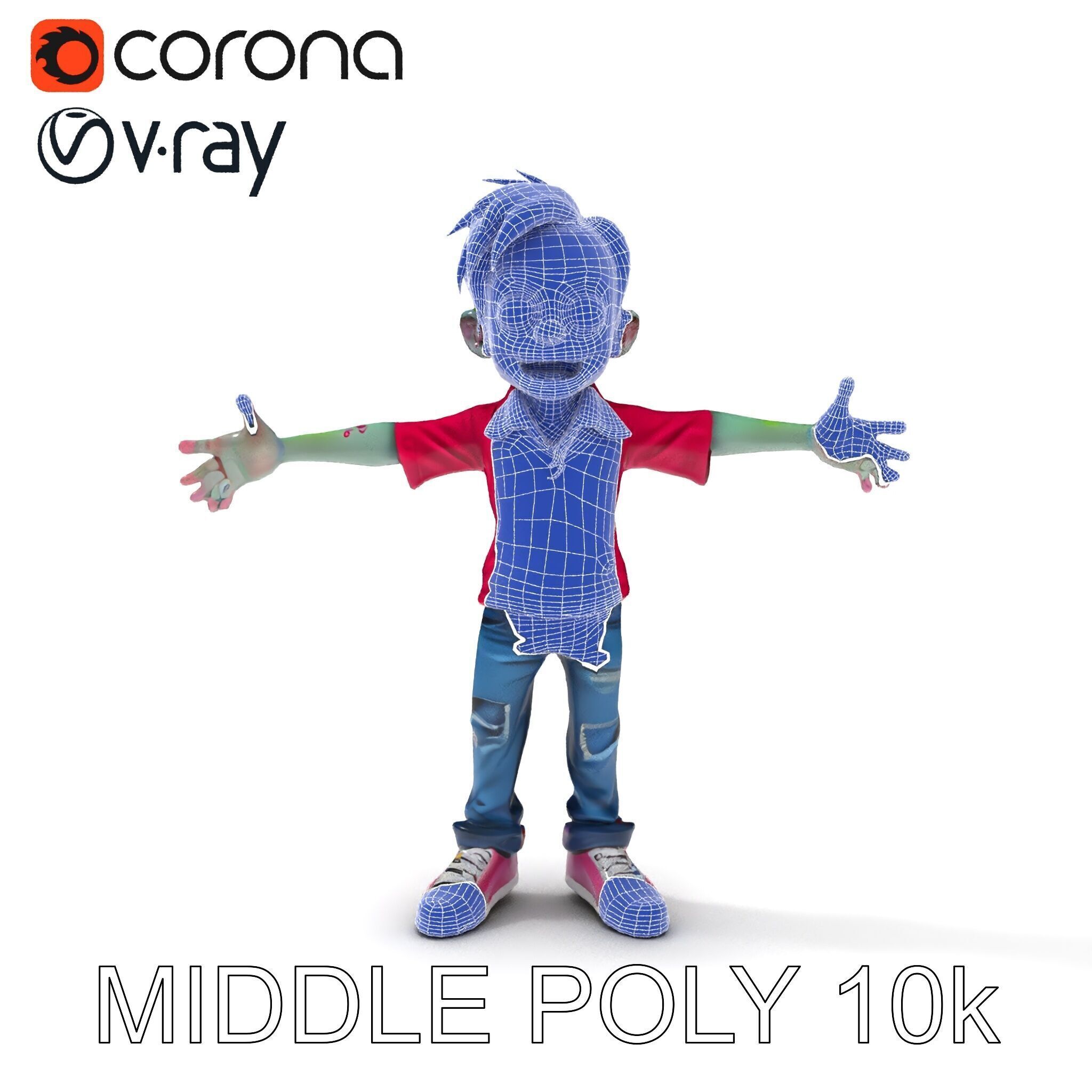 Animated Cartoon Zombie Boy with Pink Shirt and Green Hair Model Low-poly 3D model_22