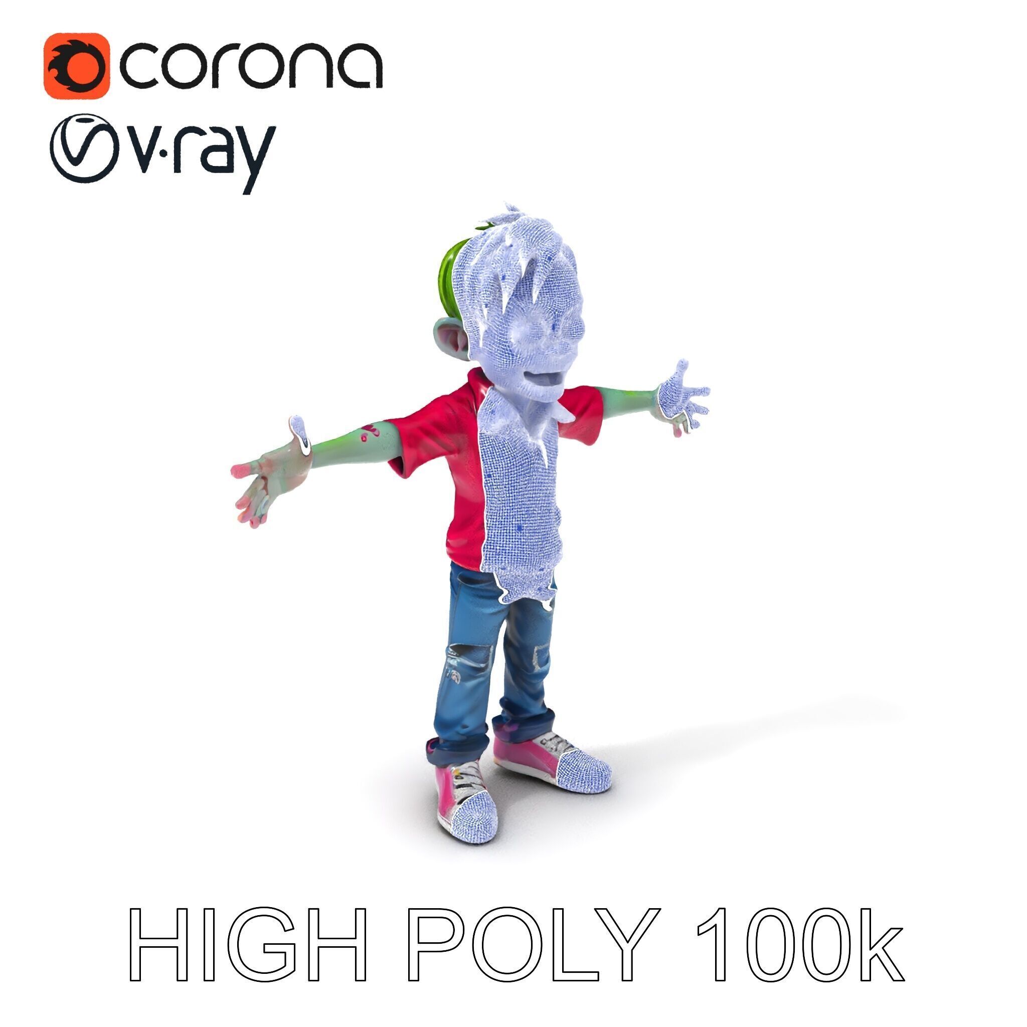 Animated Cartoon Zombie Boy with Pink Shirt and Green Hair Model Low-poly 3D model_3