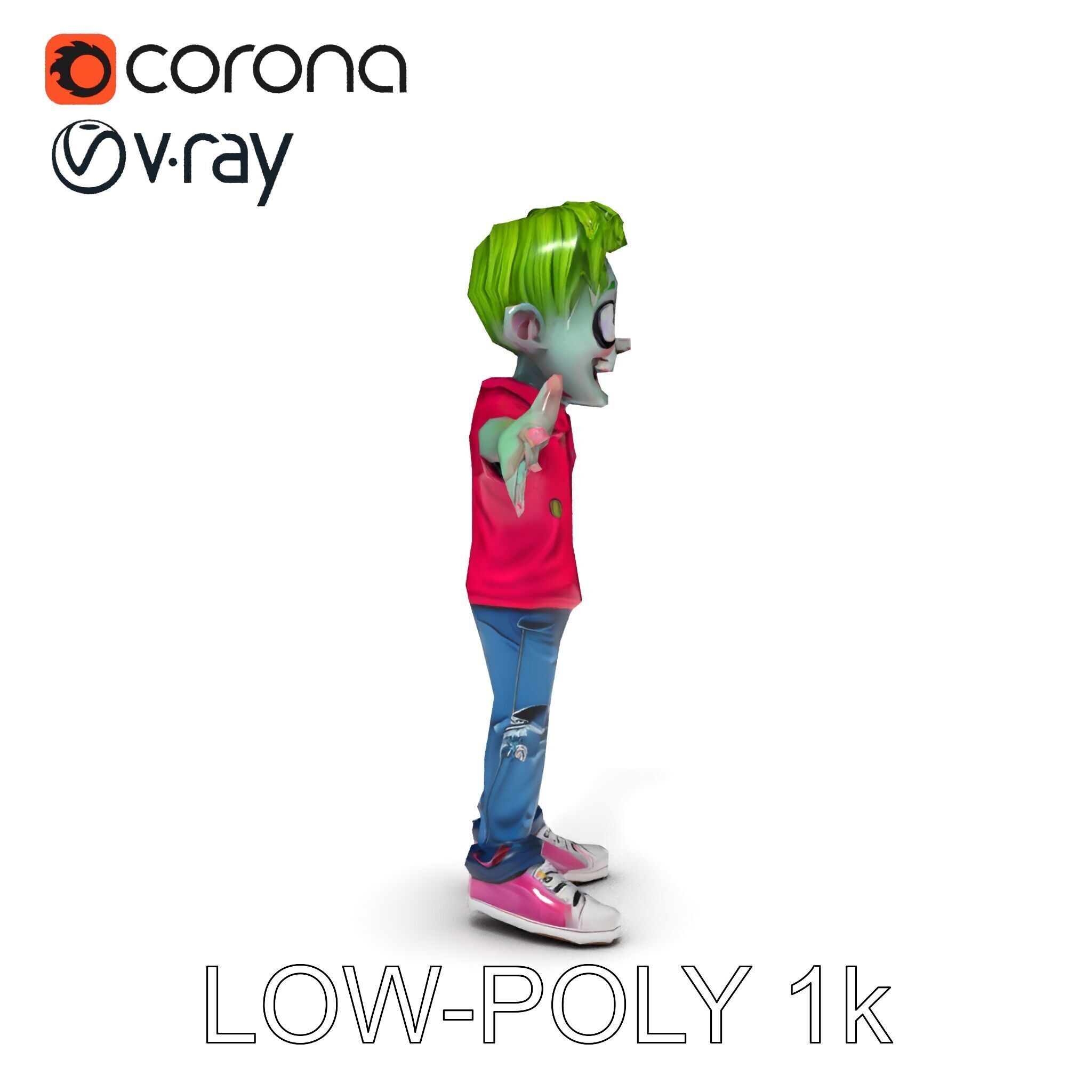 Animated Cartoon Zombie Boy with Pink Shirt and Green Hair Model Low-poly 3D model_30