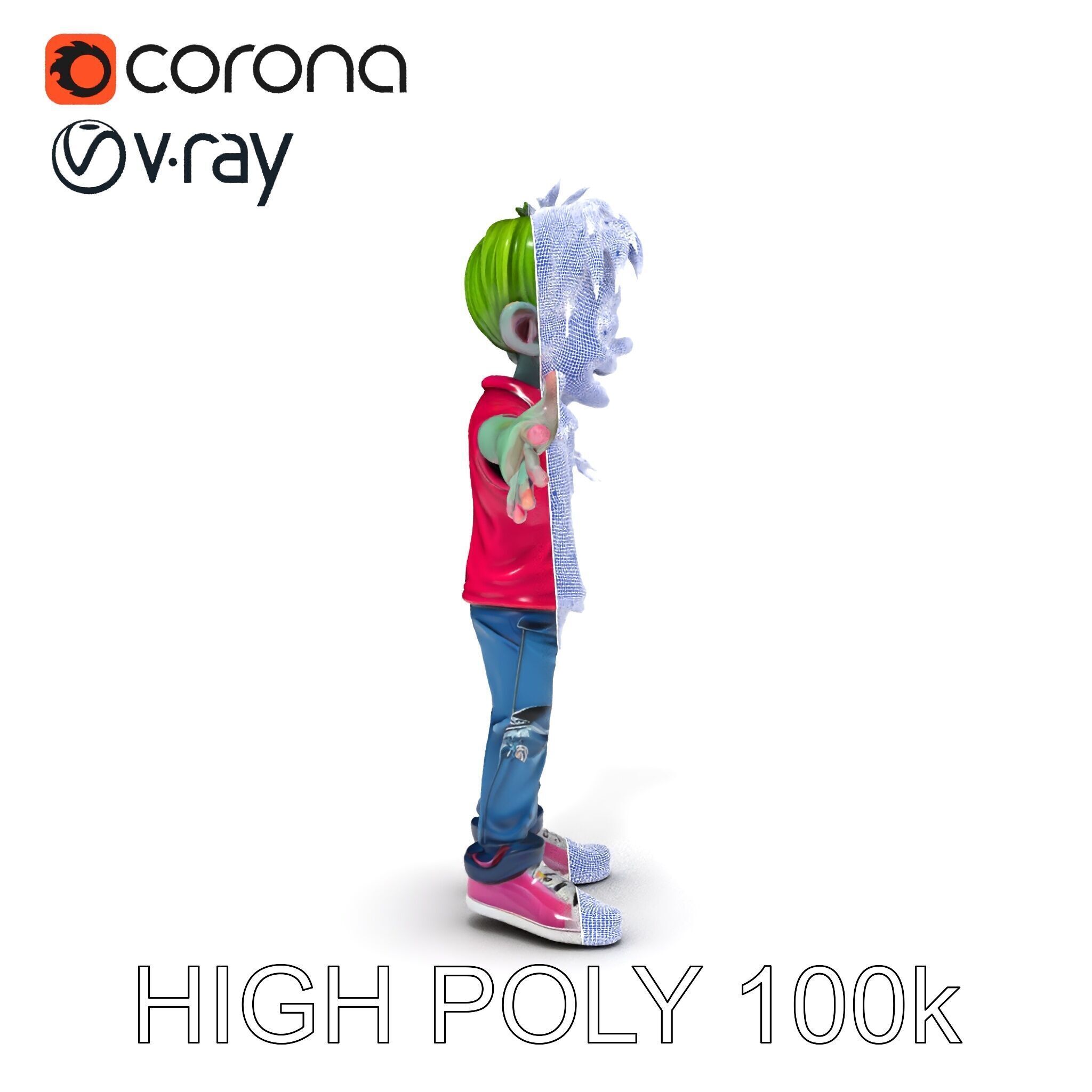 Animated Cartoon Zombie Boy with Pink Shirt and Green Hair Model Low-poly 3D model_31