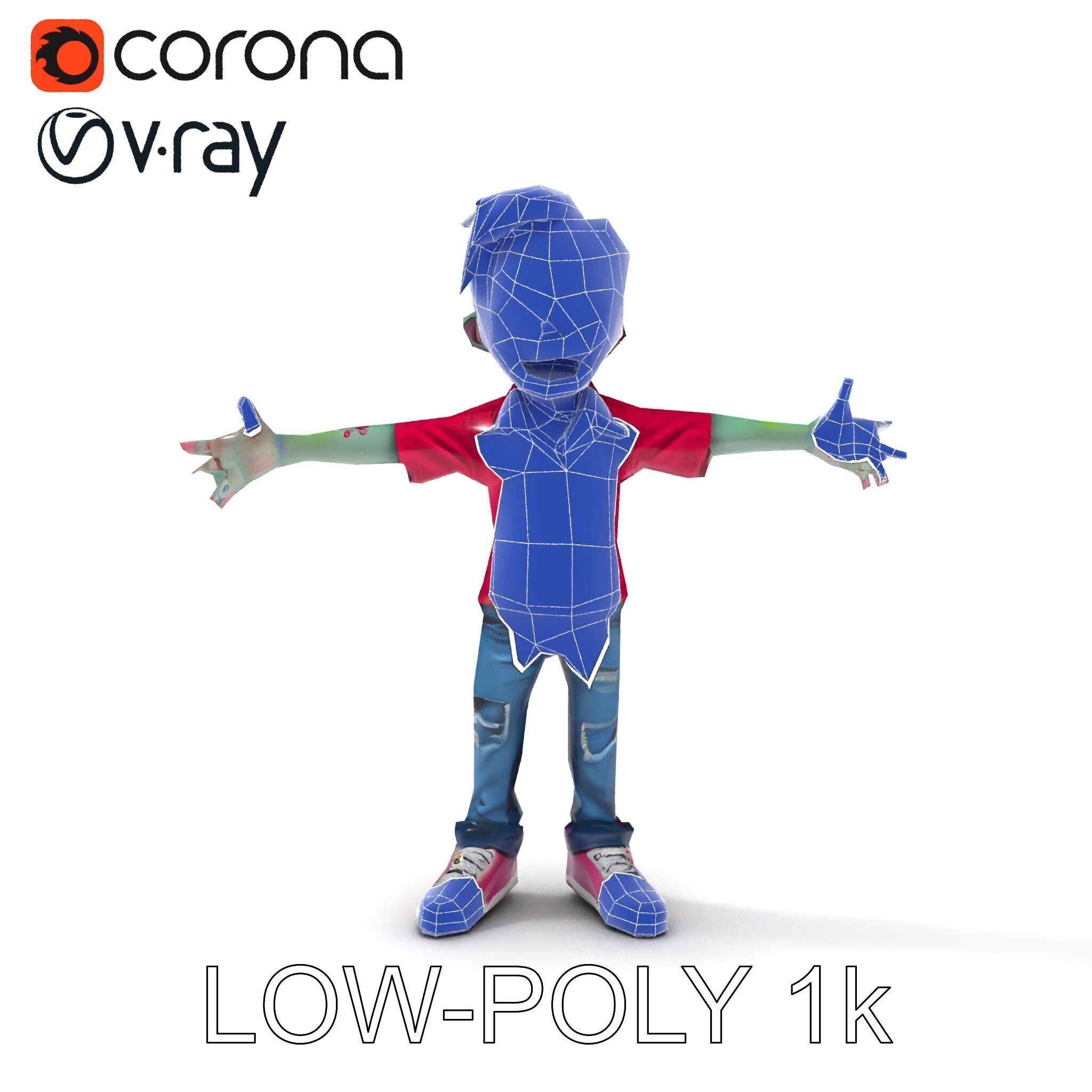 Animated Cartoon Zombie Boy with Pink Shirt and Green Hair Model Low-poly 3D model_12