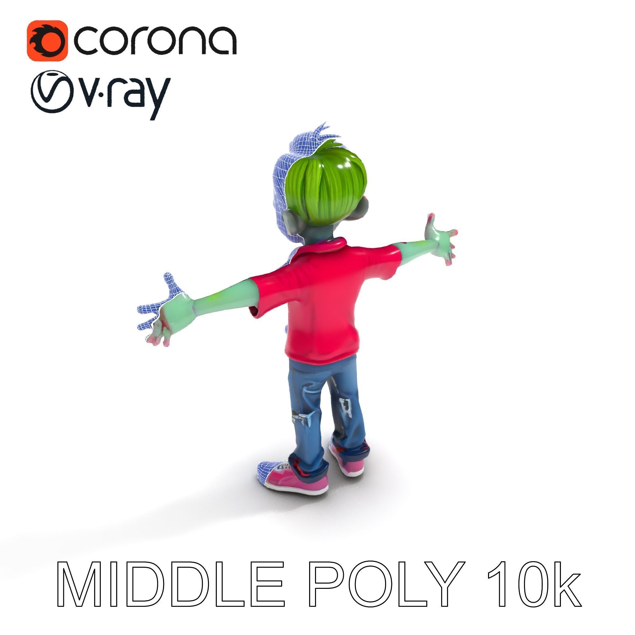 Animated Cartoon Zombie Boy with Pink Shirt and Green Hair Model Low-poly 3D model_6