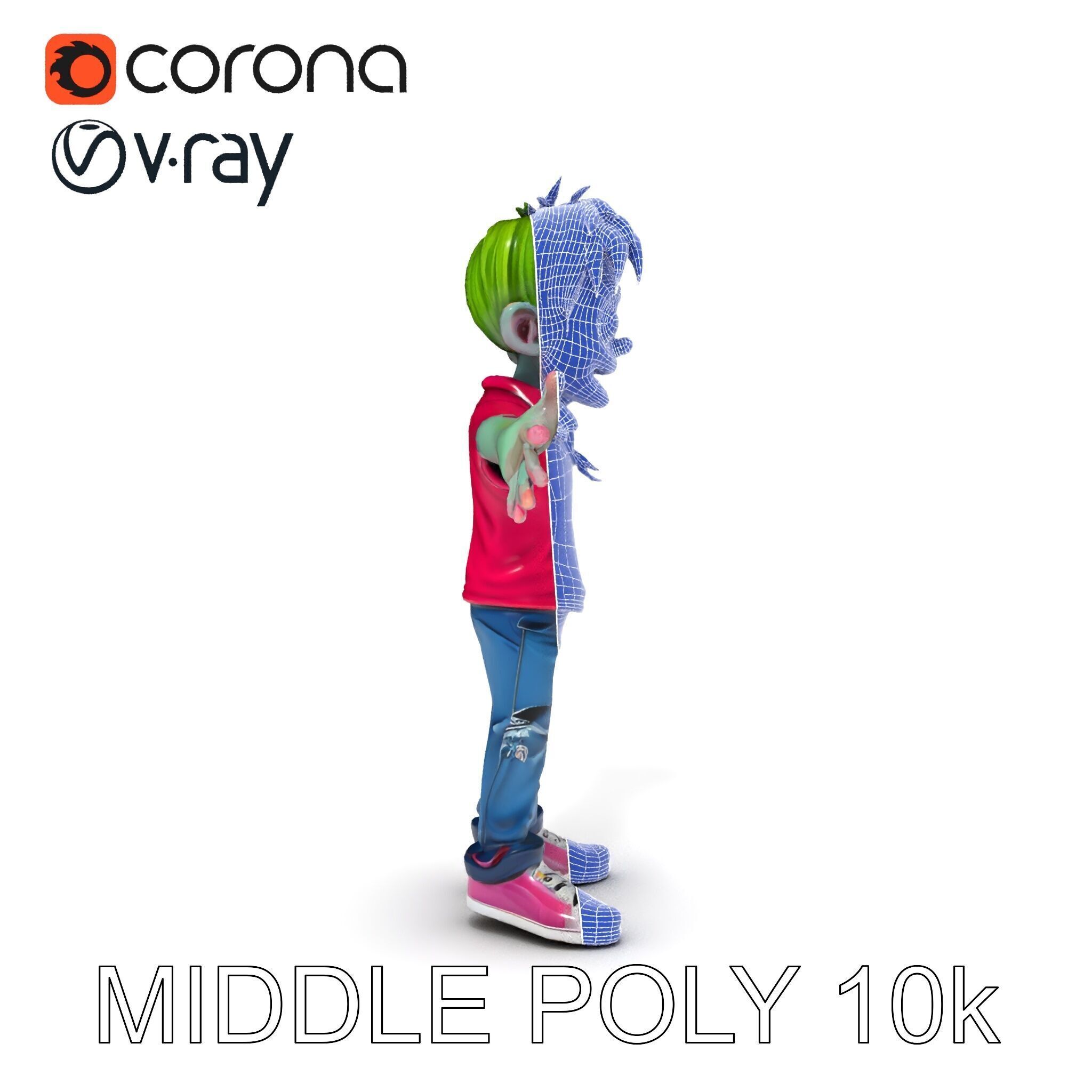 Animated Cartoon Zombie Boy with Pink Shirt and Green Hair Model Low-poly 3D model_11