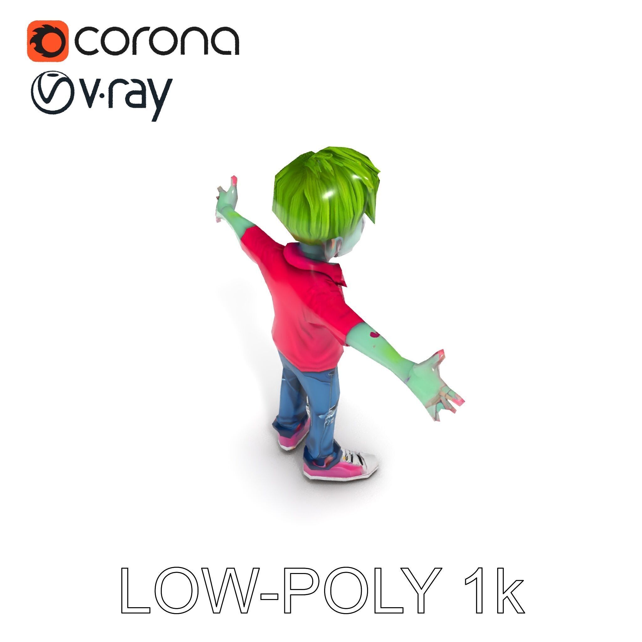 Animated Cartoon Zombie Boy with Pink Shirt and Green Hair Model Low-poly 3D model_14