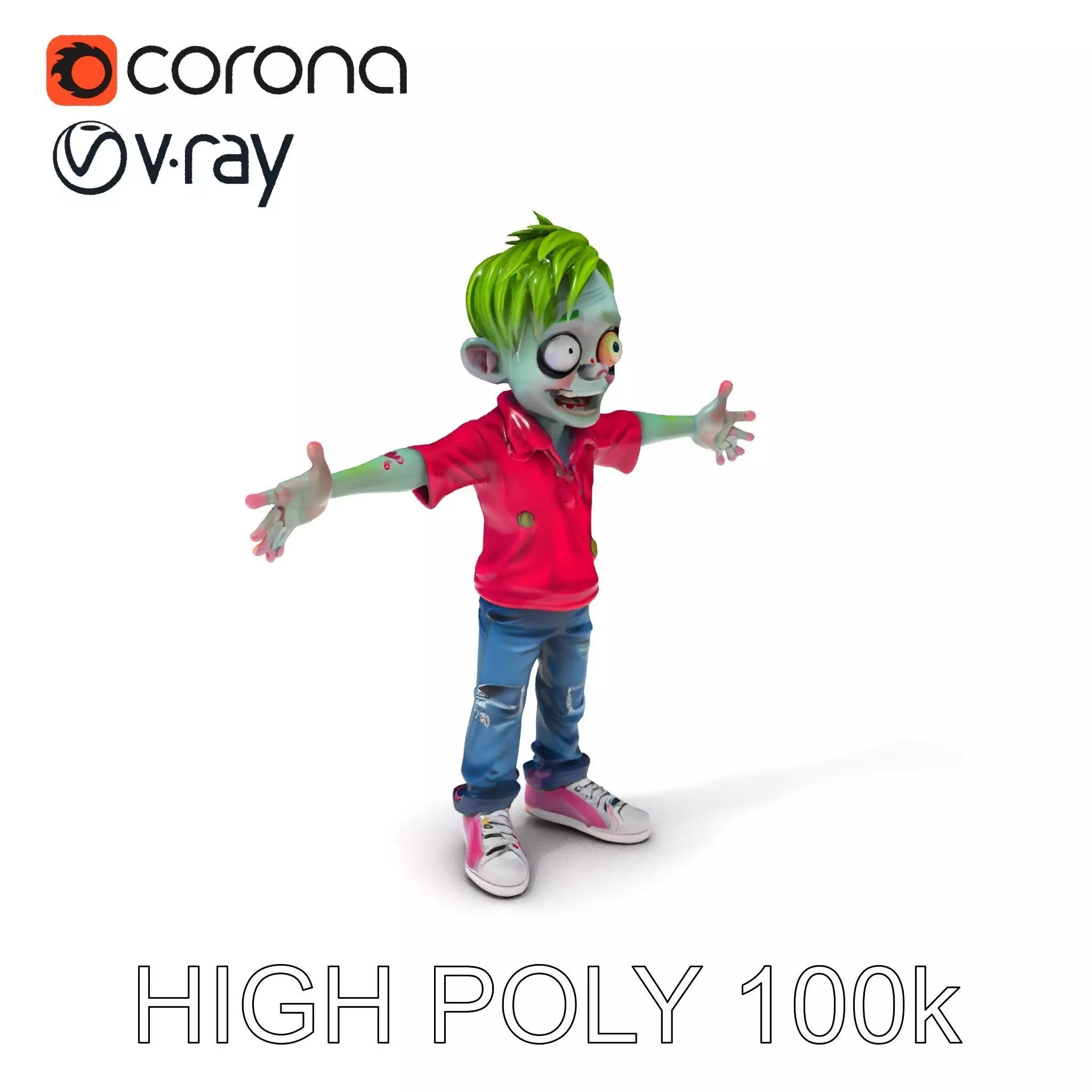 Animated Cartoon Zombie Boy with Pink Shirt and Green Hair Model Low-poly 3D model_0