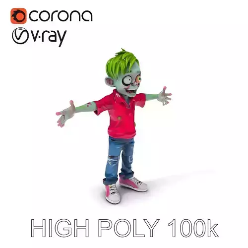 Animated Cartoon Zombie Boy with Pink Shirt and Green Hair Model Low-poly 3D model