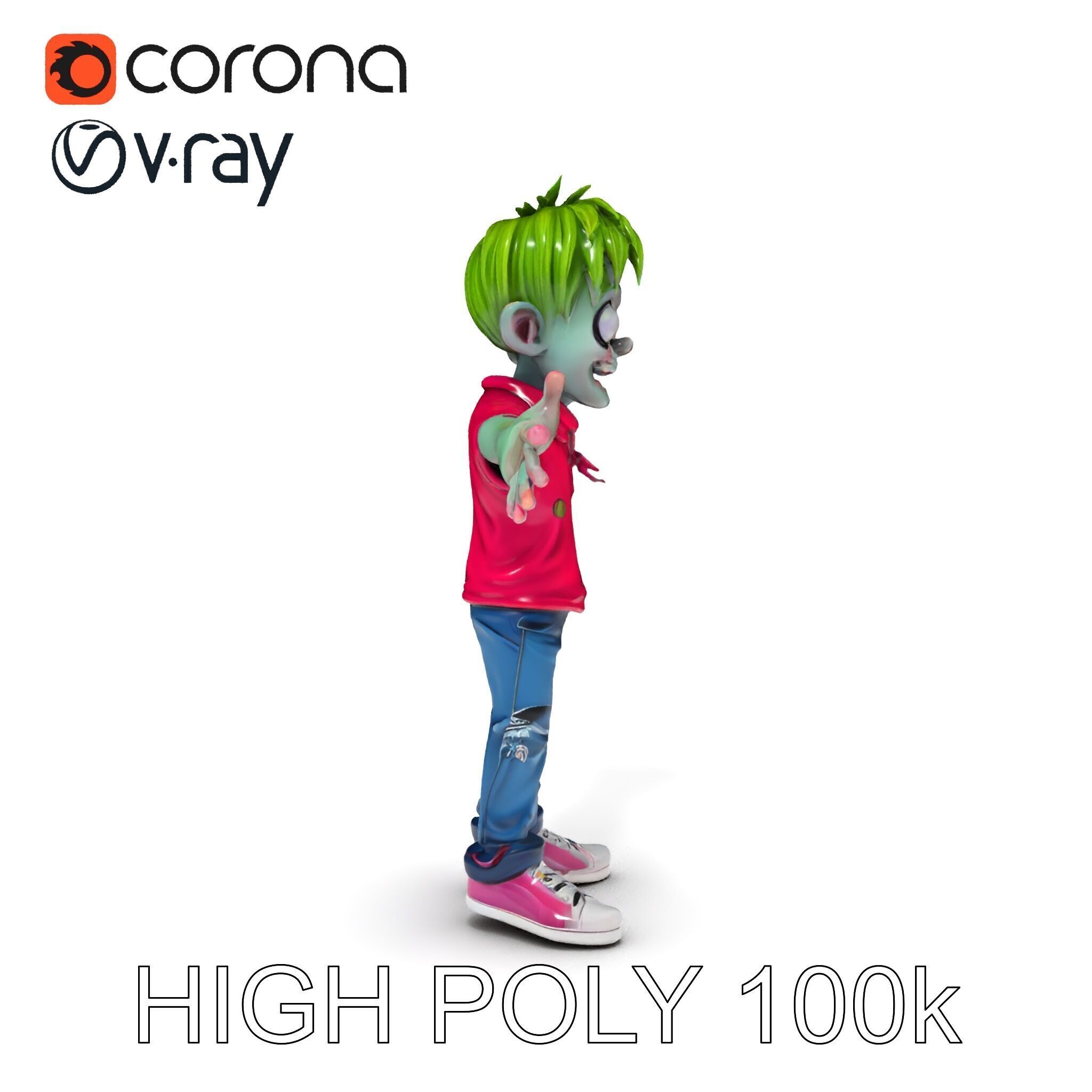 Animated Cartoon Zombie Boy with Pink Shirt and Green Hair Model Low-poly 3D model_18
