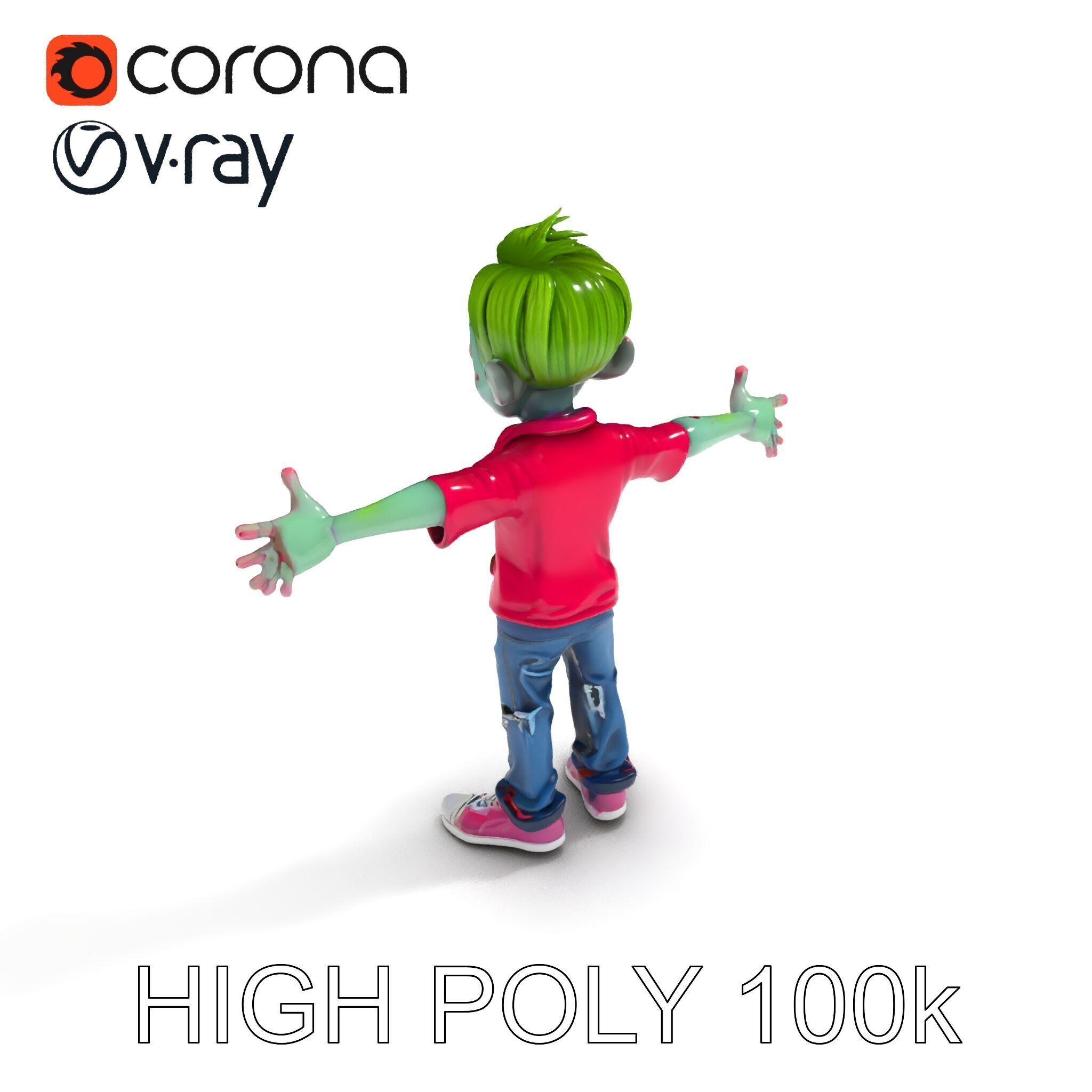 Animated Cartoon Zombie Boy with Pink Shirt and Green Hair Model Low-poly 3D model_34