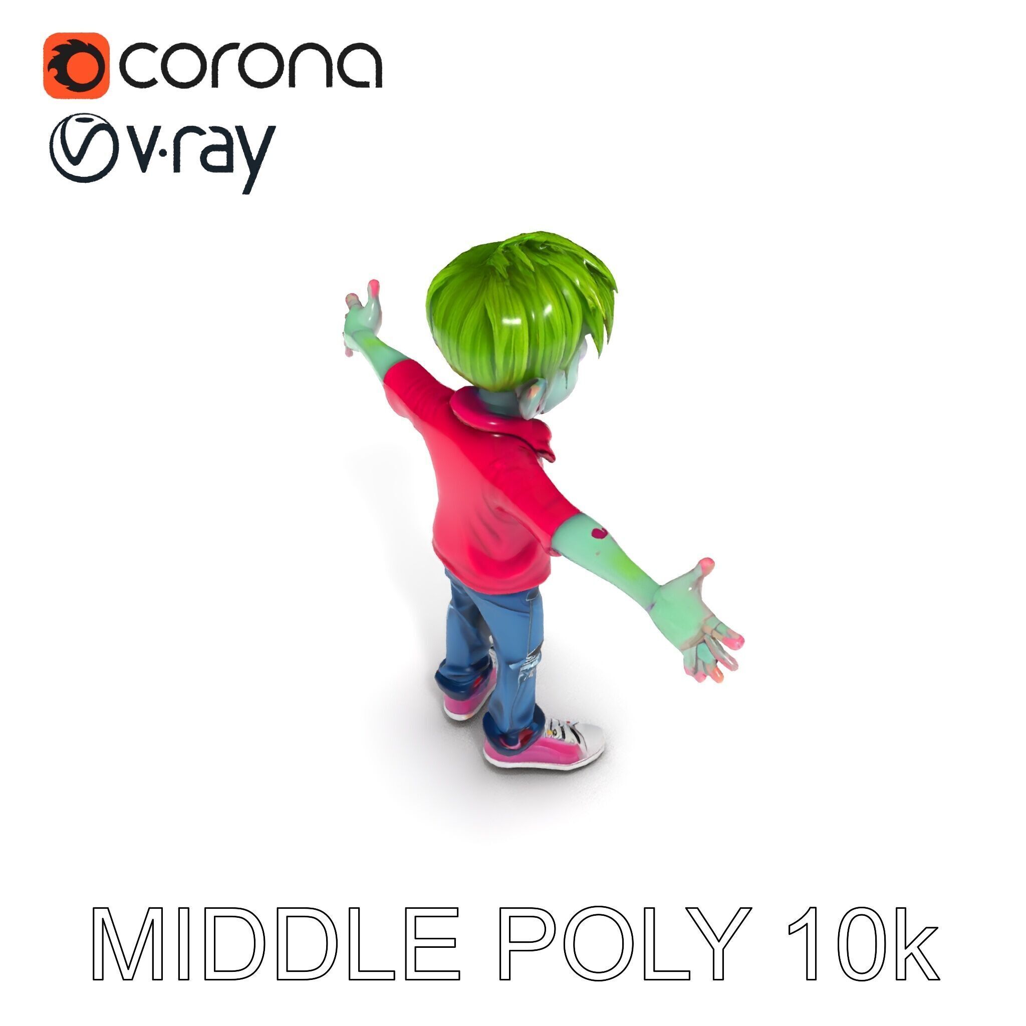 Animated Cartoon Zombie Boy with Pink Shirt and Green Hair Model Low-poly 3D model_37