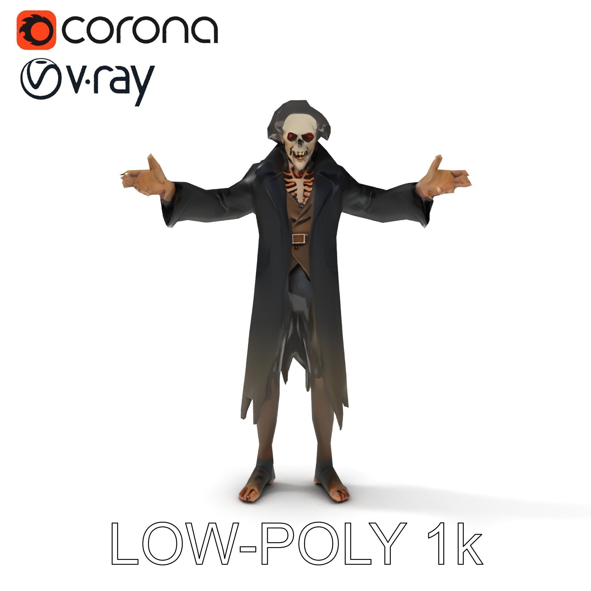 Skeleton Wraith in Tattered Cloak  D Model for Games and Anim... Low-poly 3D model_7