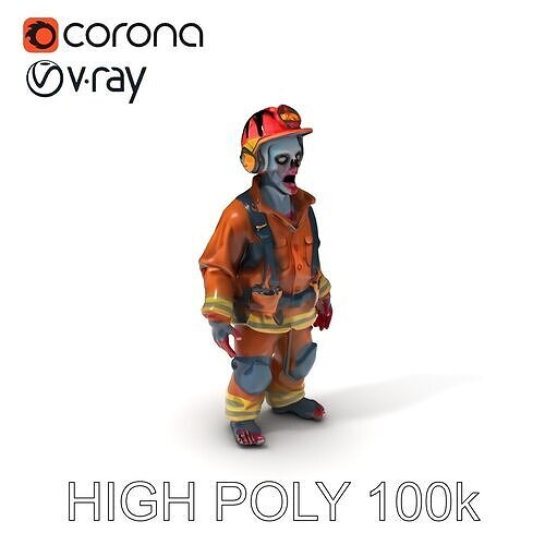 Firefighter Zombie D Model  Rigged for Games and Animation Low-poly 3D model