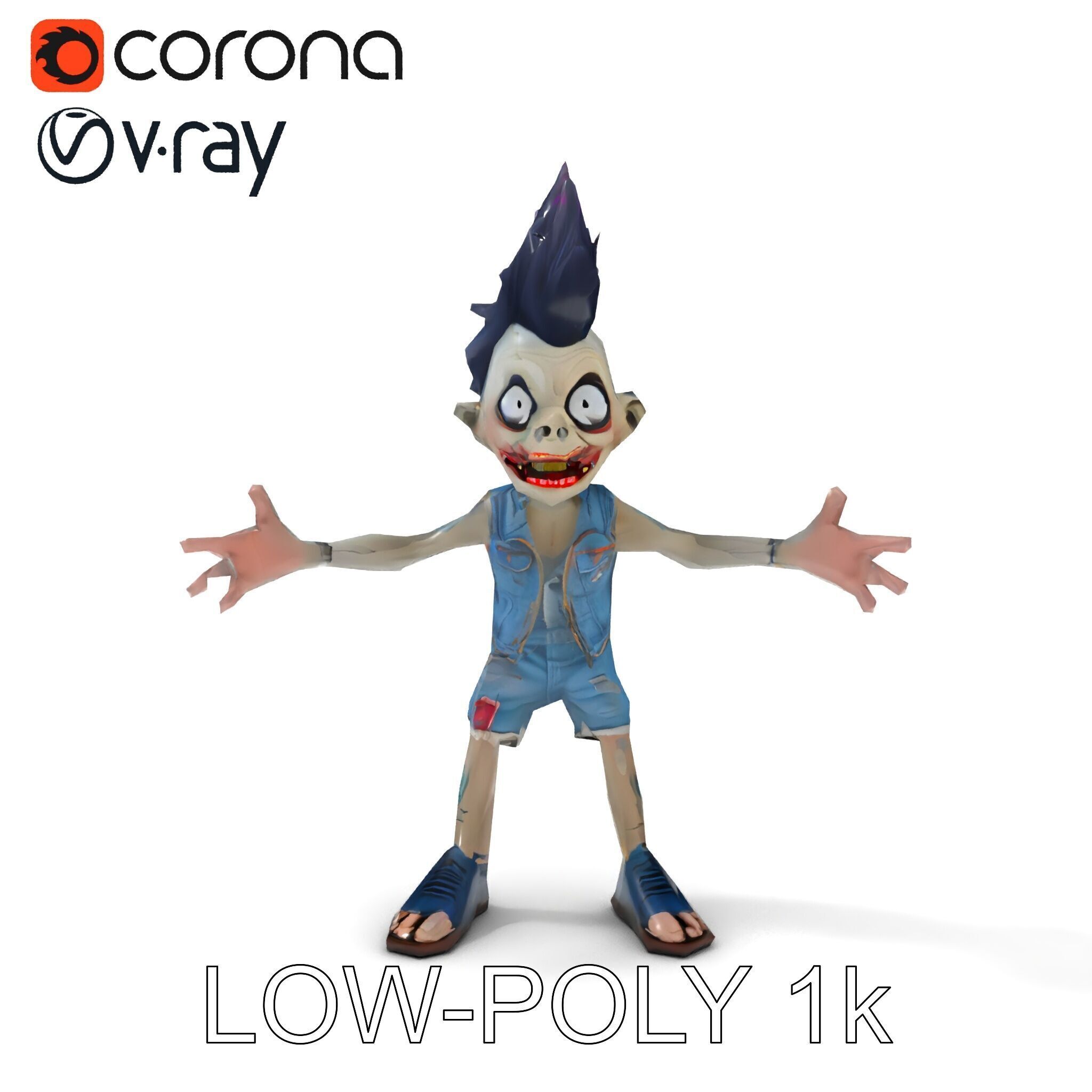 Zany Zombie Punk with Spiky Hairstyle and Denim Outfit D Model Low-poly 3D model_33