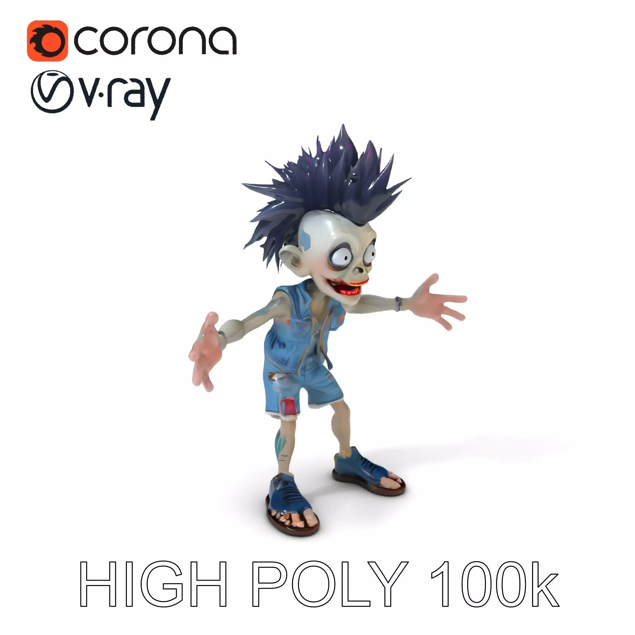 Zany Zombie Punk with Spiky Hairstyle and Denim Outfit D Model Low-poly 3D model_0