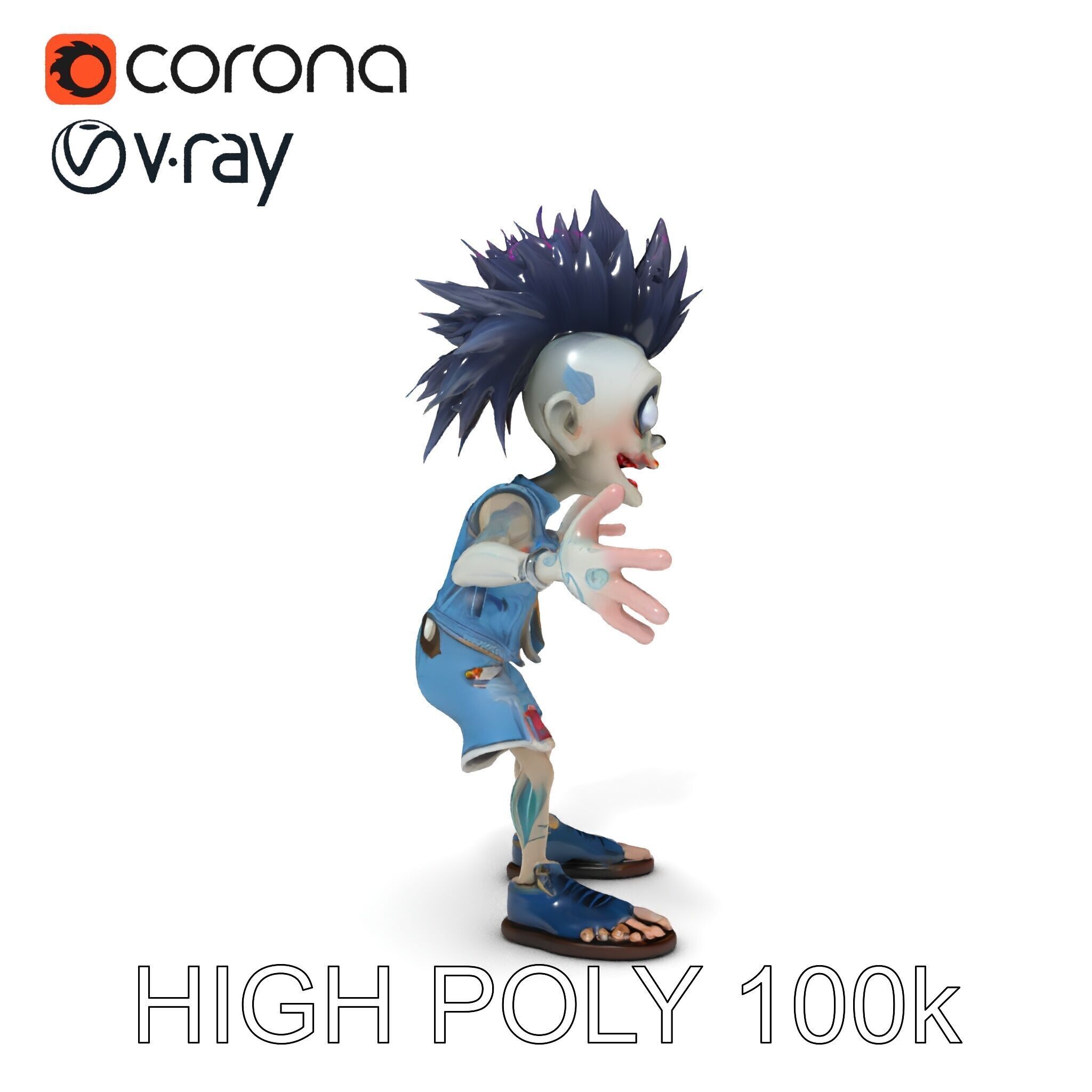 Zany Zombie Punk with Spiky Hairstyle and Denim Outfit D Model Low-poly 3D model_11