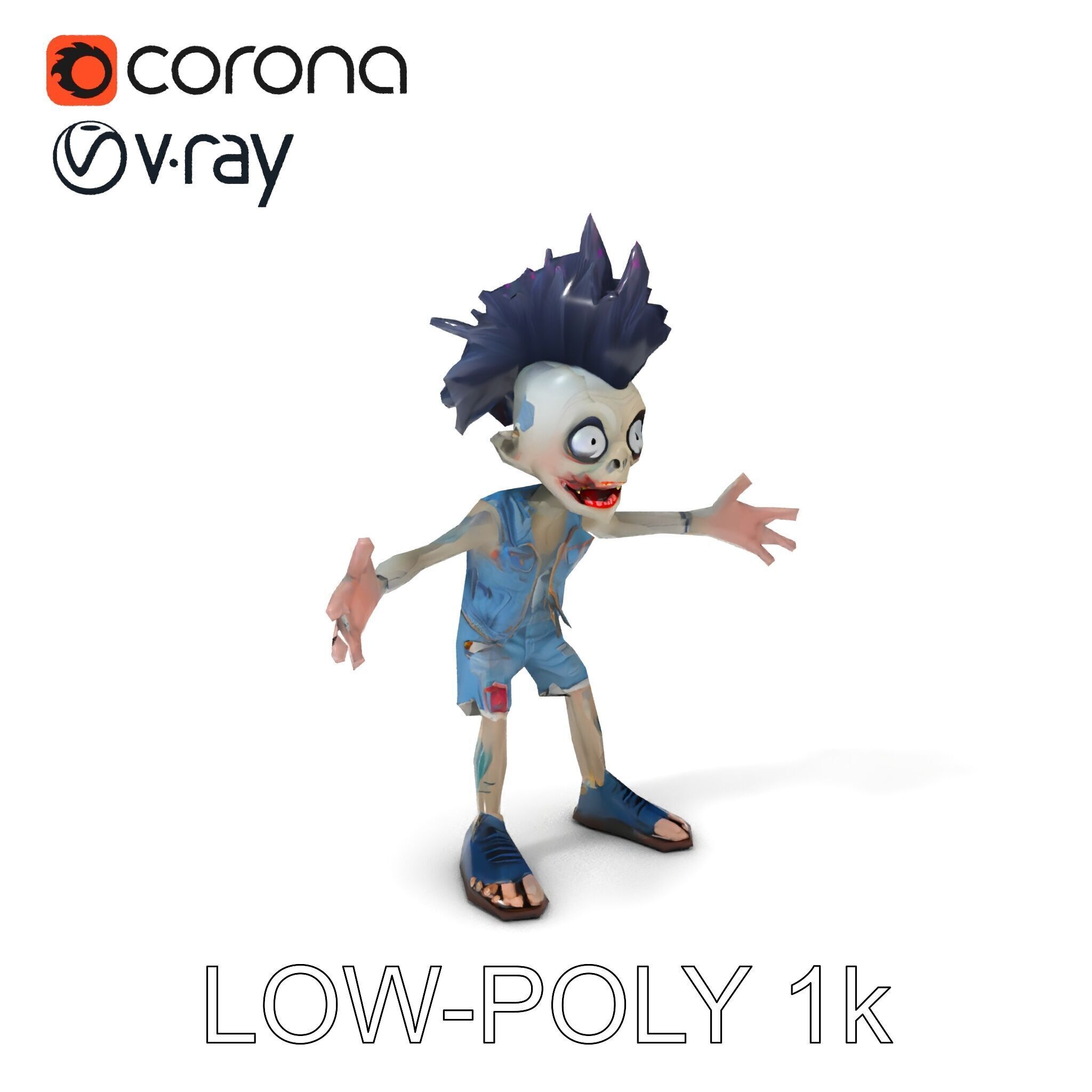 Zany Zombie Punk with Spiky Hairstyle and Denim Outfit D Model Low-poly 3D model_7