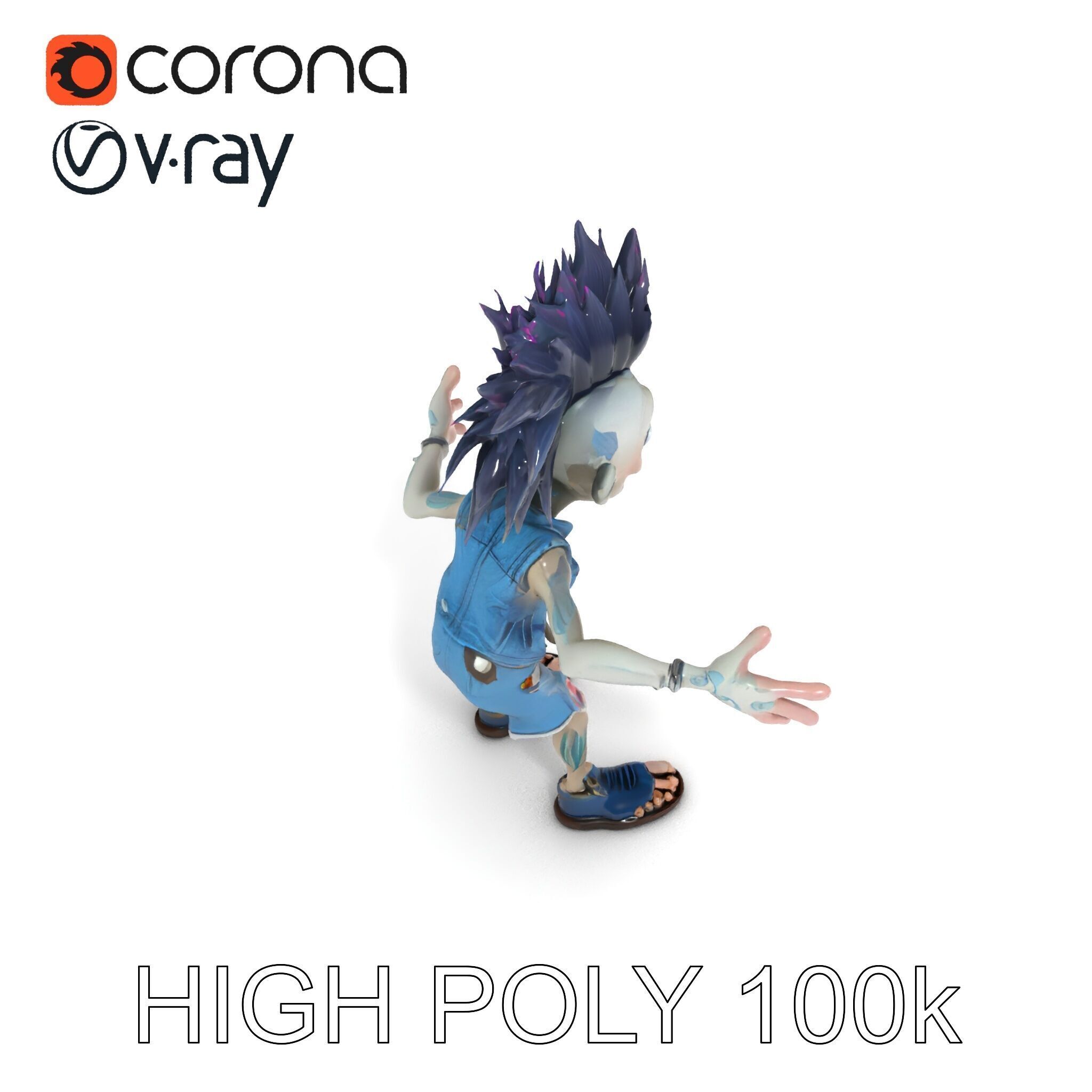 Zany Zombie Punk with Spiky Hairstyle and Denim Outfit D Model Low-poly 3D model_16