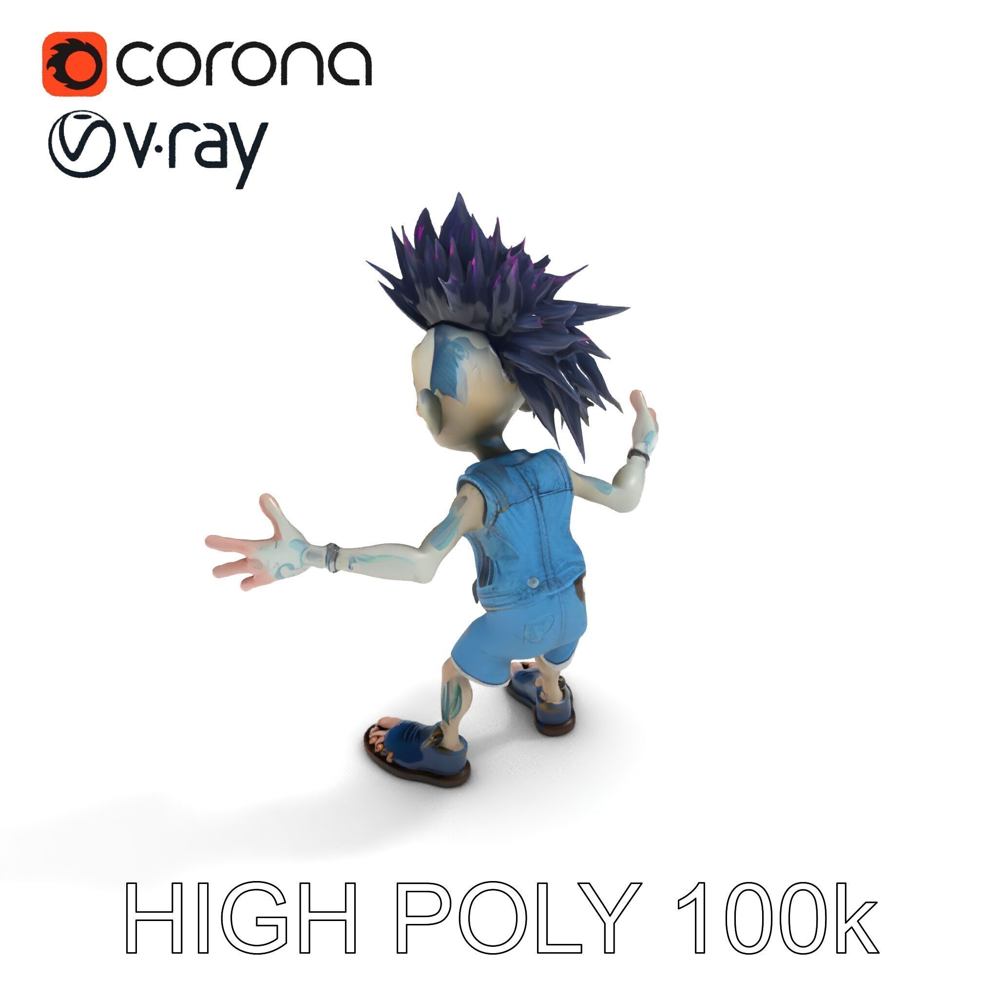 Zany Zombie Punk with Spiky Hairstyle and Denim Outfit D Model Low-poly 3D model_36
