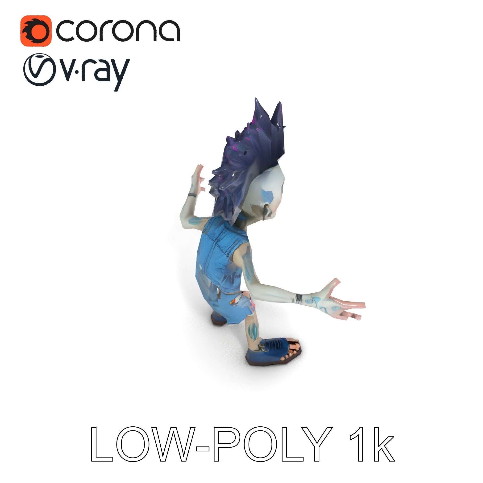 Zany Zombie Punk with Spiky Hairstyle and Denim Outfit D Model Low-poly 3D model_13