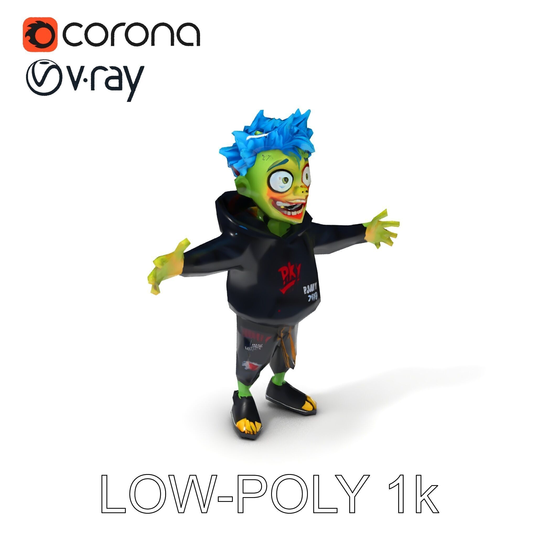Zany Zombie Character with Blue Hair in Casual Attire Low-poly 3D model_7