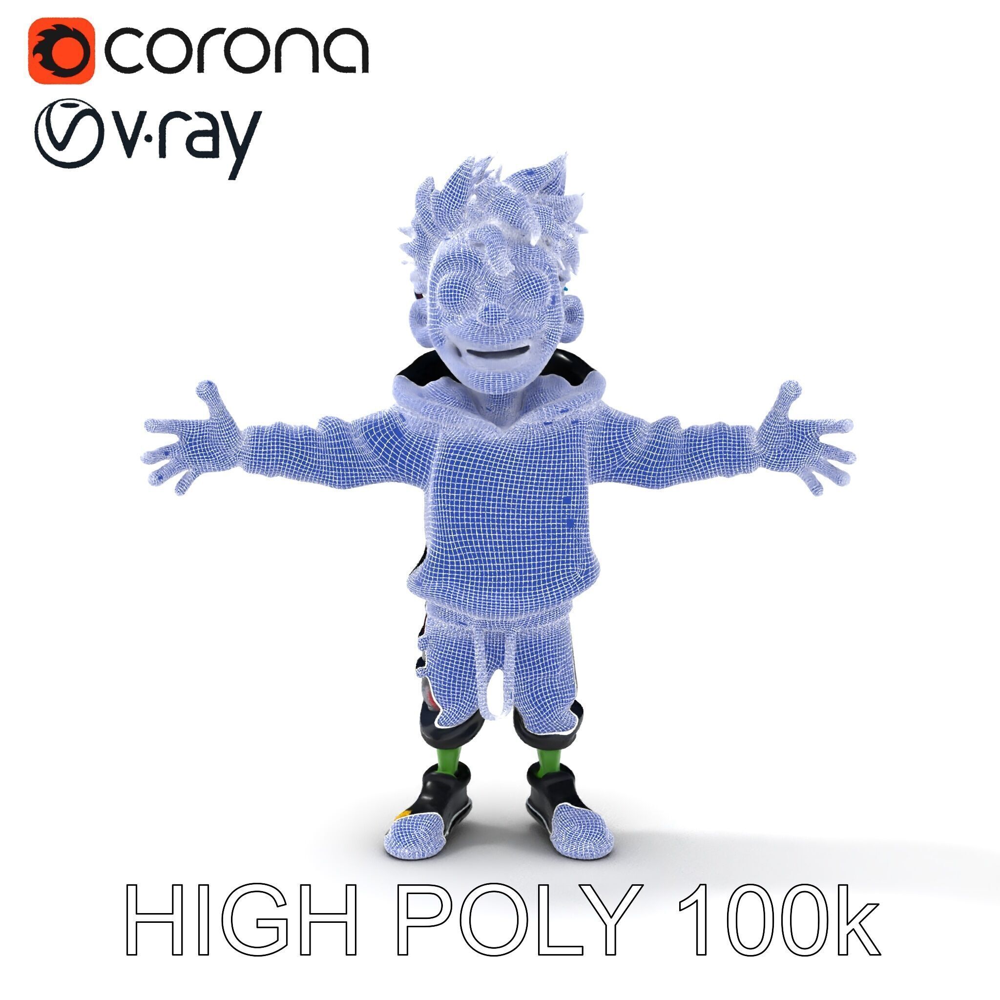Zany Zombie Character with Blue Hair in Casual Attire Low-poly 3D model_25