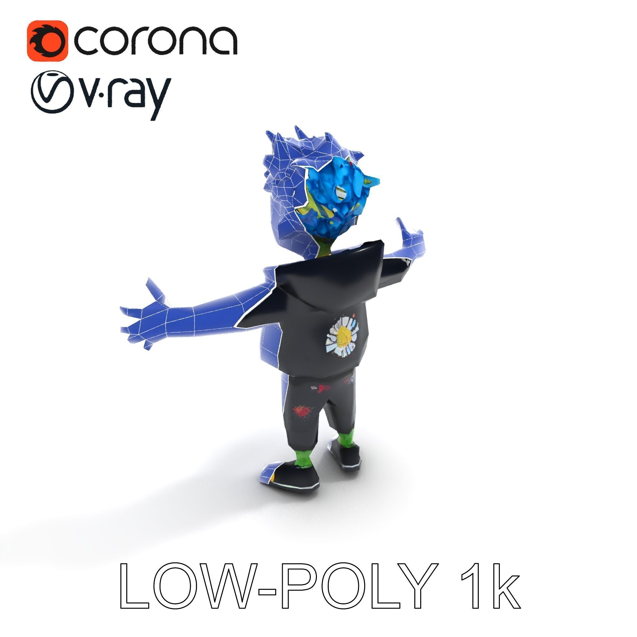 Zany Zombie Character with Blue Hair in Casual Attire Low-poly 3D model_33