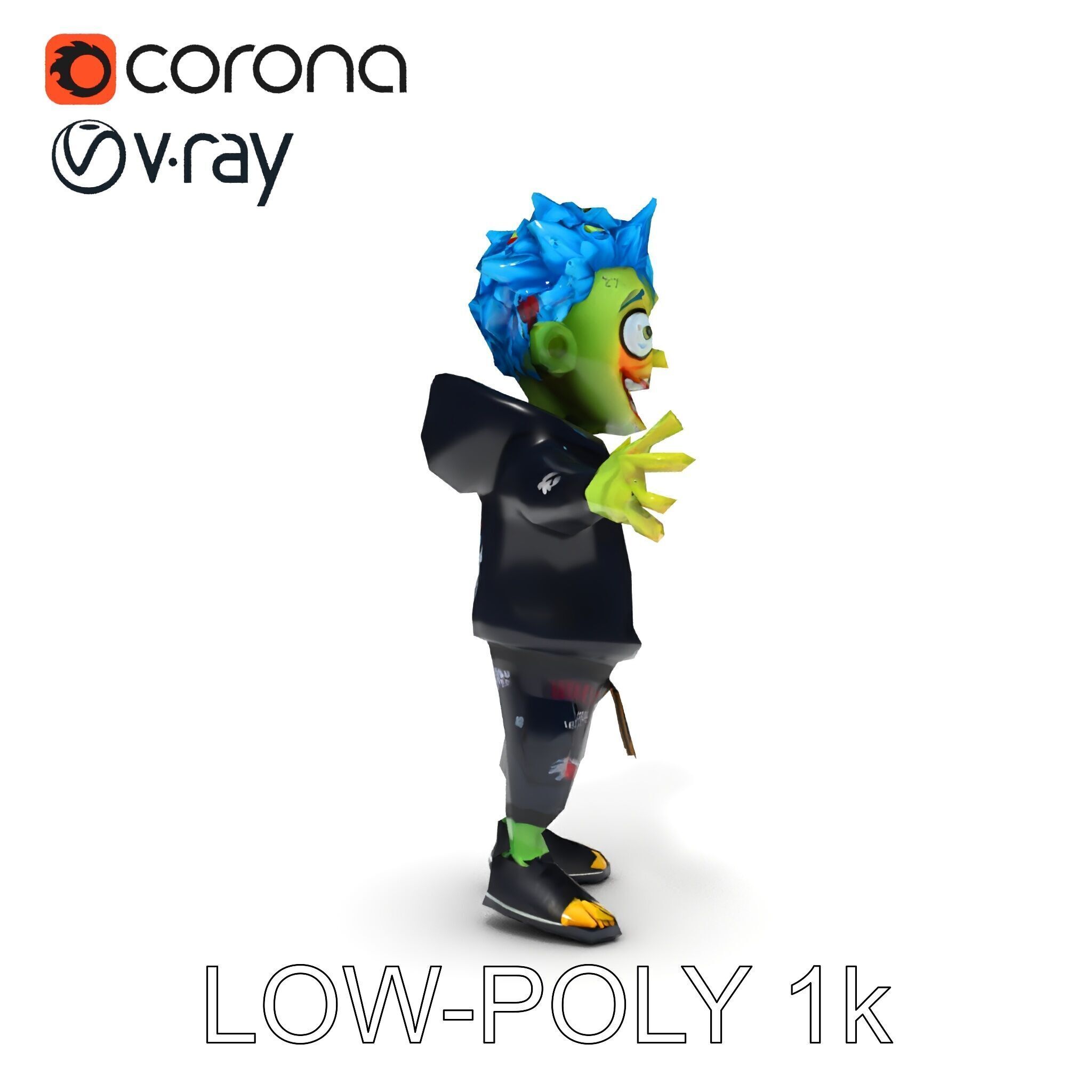 Zany Zombie Character with Blue Hair in Casual Attire Low-poly 3D model_15
