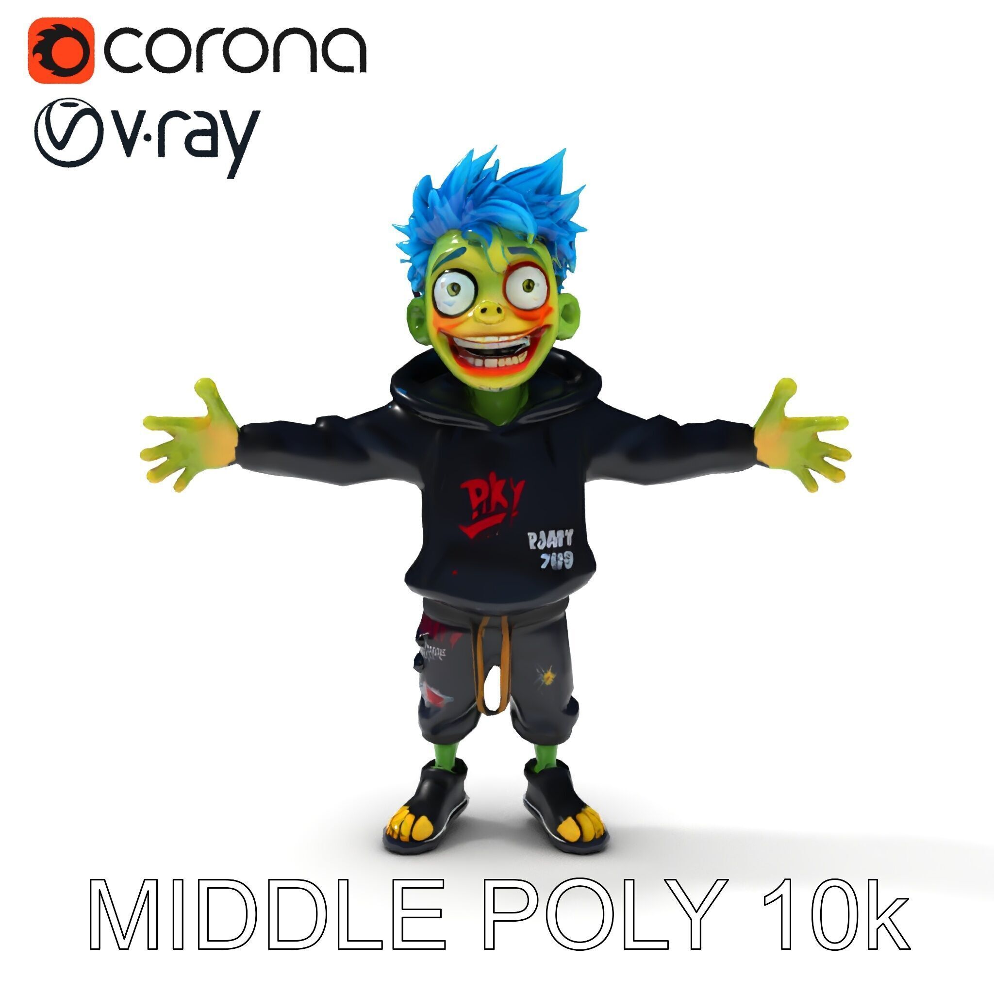 Zany Zombie Character with Blue Hair in Casual Attire Low-poly 3D model_37