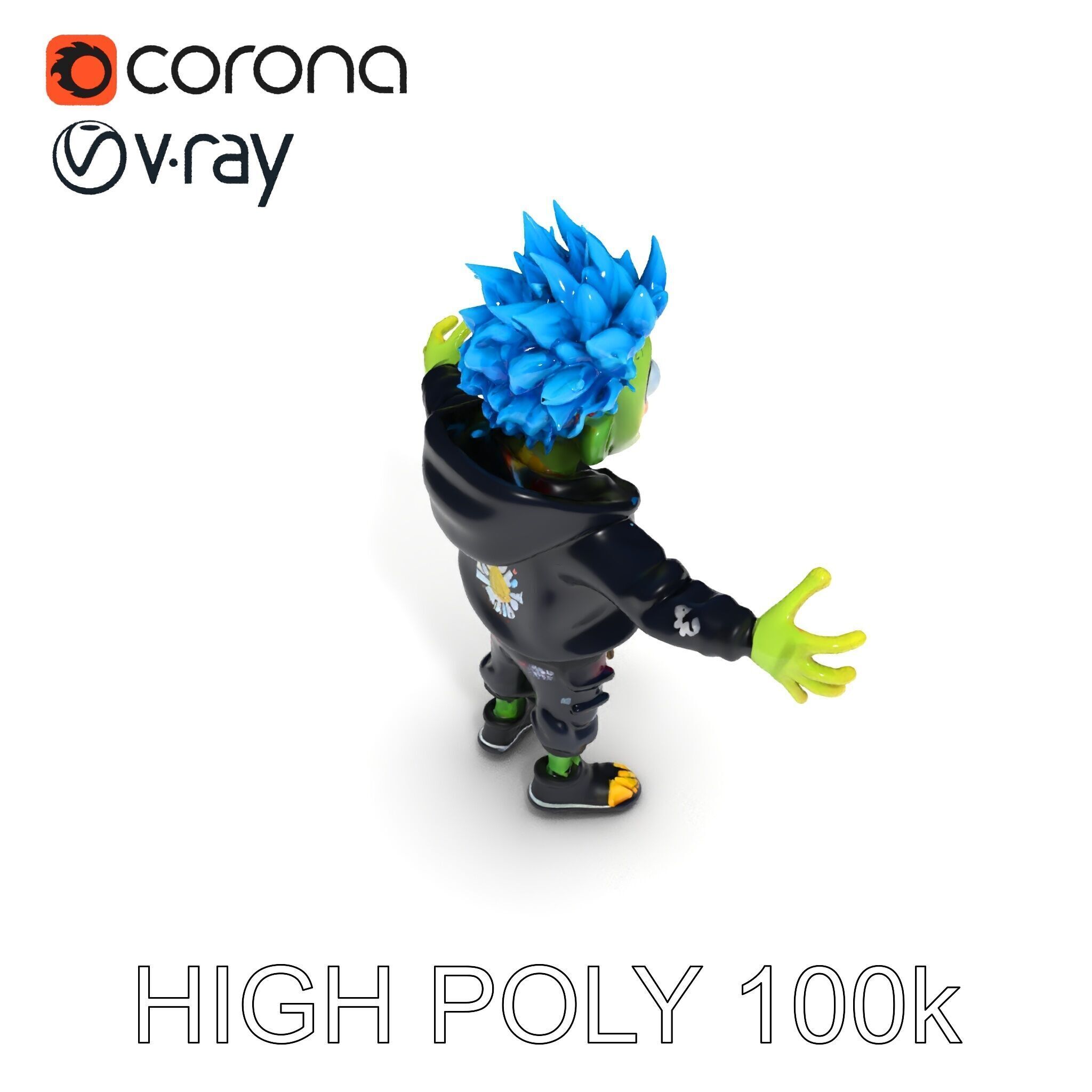 Zany Zombie Character with Blue Hair in Casual Attire Low-poly 3D model_34