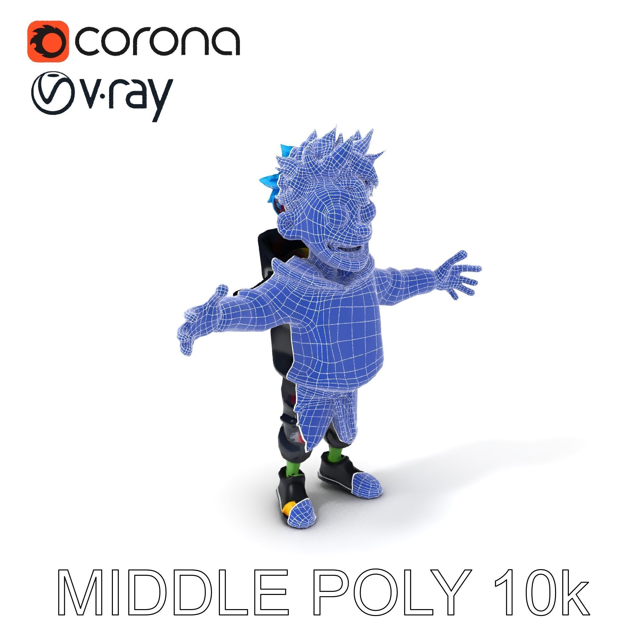 Zany Zombie Character with Blue Hair in Casual Attire Low-poly 3D model_32