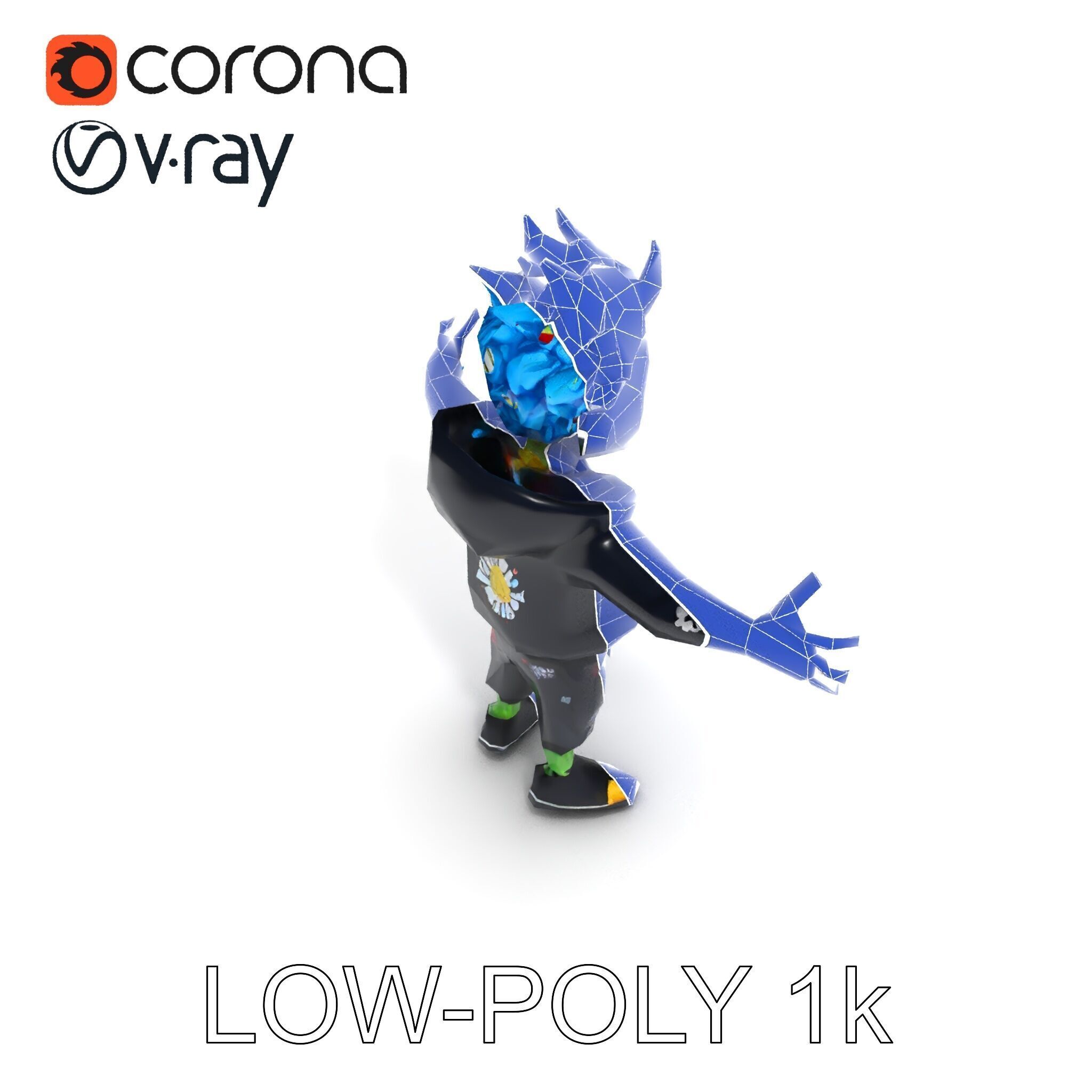 Zany Zombie Character with Blue Hair in Casual Attire Low-poly 3D model_30