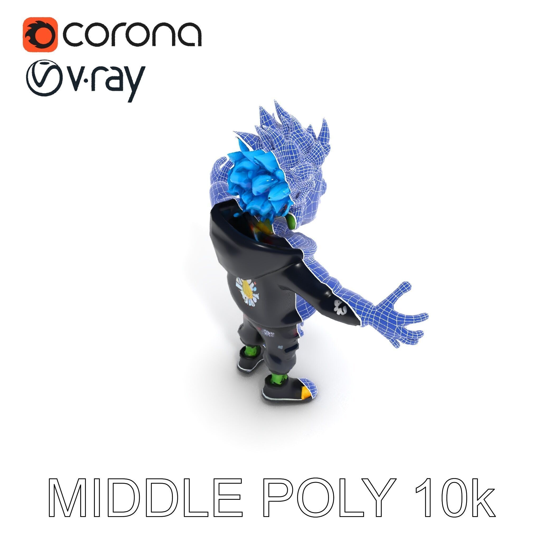 Zany Zombie Character with Blue Hair in Casual Attire Low-poly 3D model_19